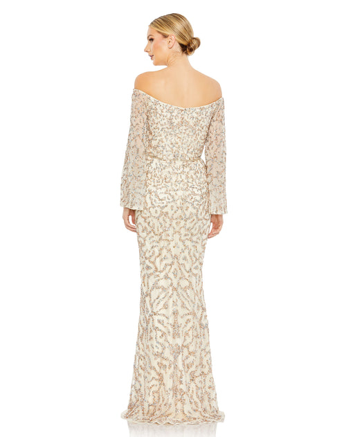 Sequined 3/4 Sleeve Square Neck Trumpet Gown | Sample | Sz. 4