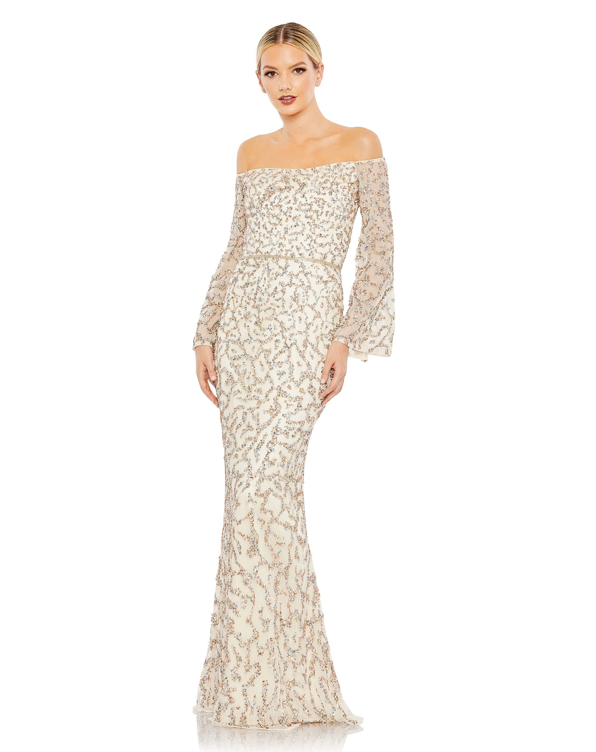Sequined 3/4 Sleeve Square Neck Trumpet Gown | Sample | Sz. 4
