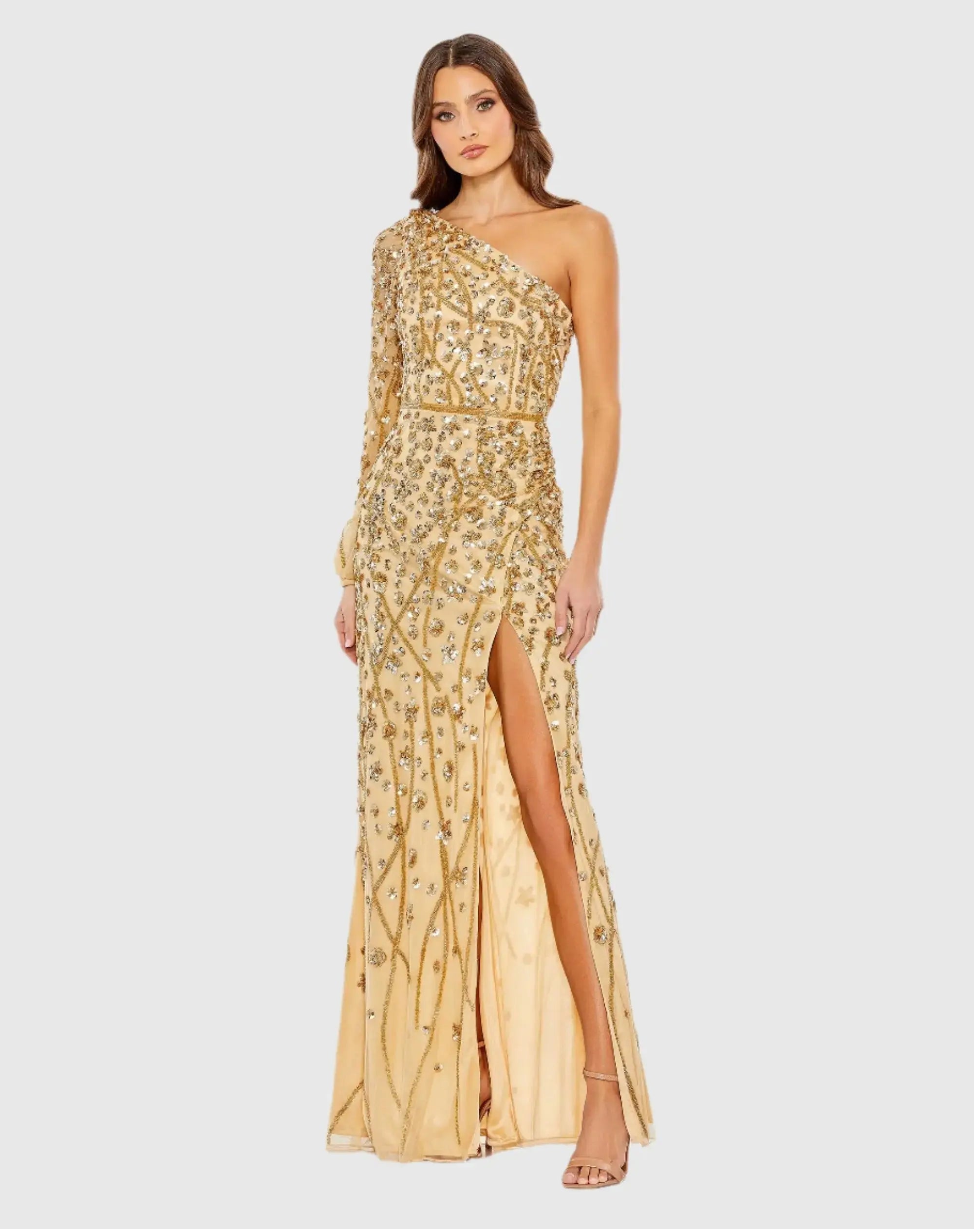 Gold Embellished One Sleeve Faux Wrap Gown - Mac Duggal