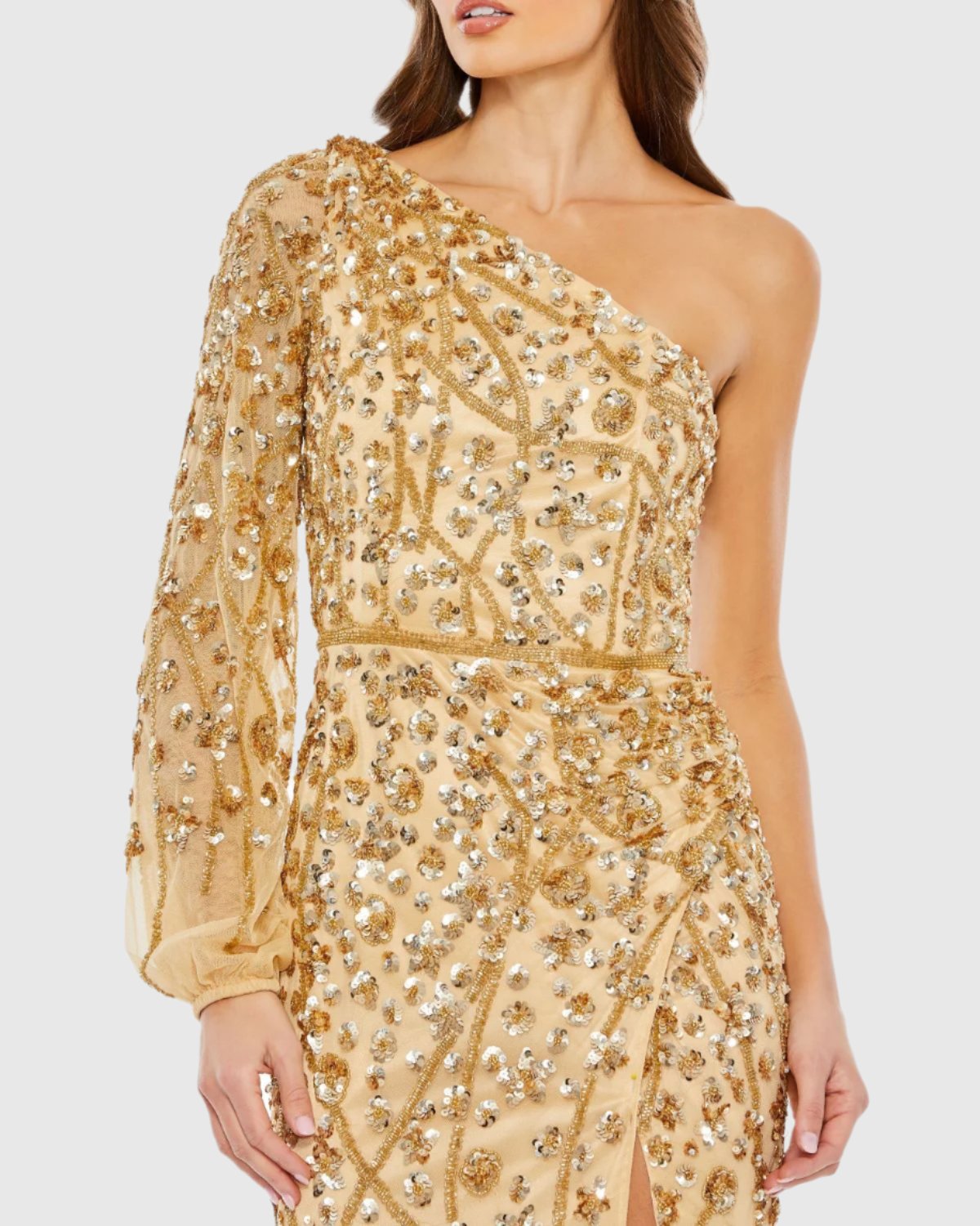 Embellished One Sleeve Faux Wrap Gown