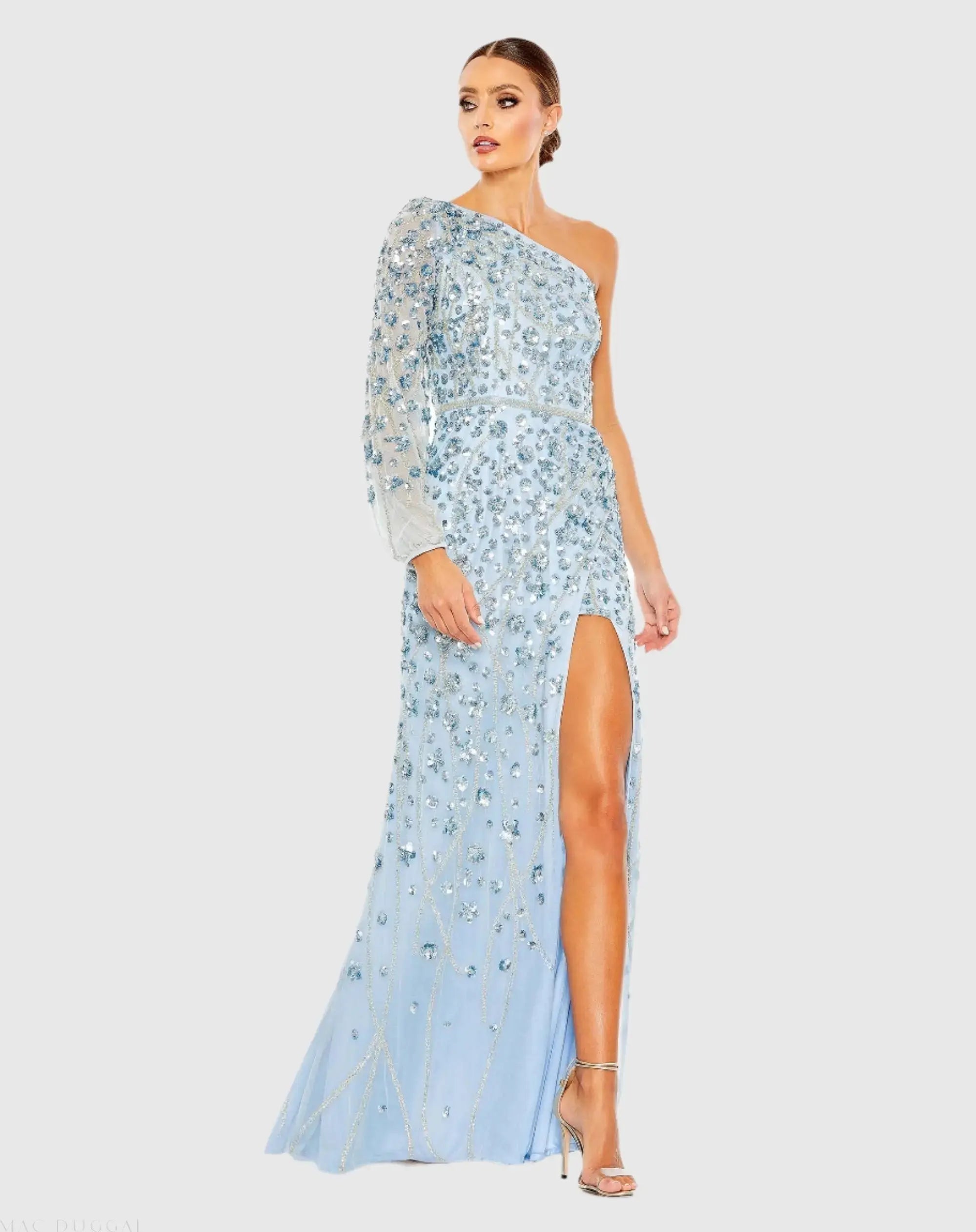 Blue Embellished One Sleeve Faux Wrap Gown - Mac Duggal