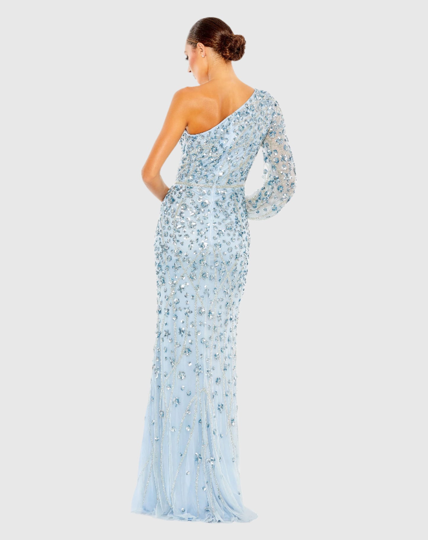 Embellished One Sleeve Faux Wrap Gown