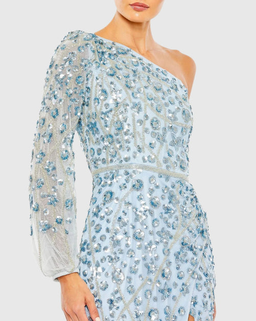 Blue Embellished One Sleeve Faux Wrap Gown