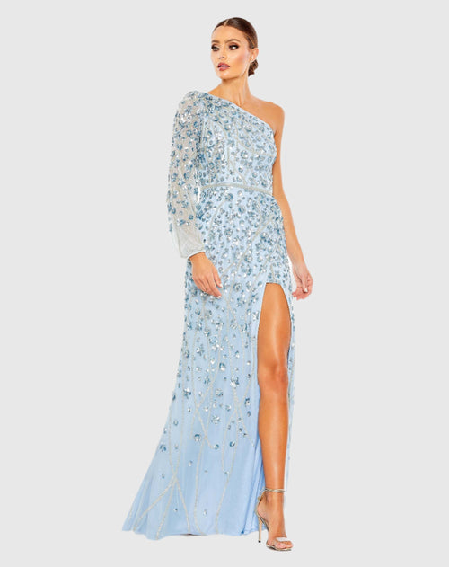 Blue Embellished One Sleeve Faux Wrap Gown