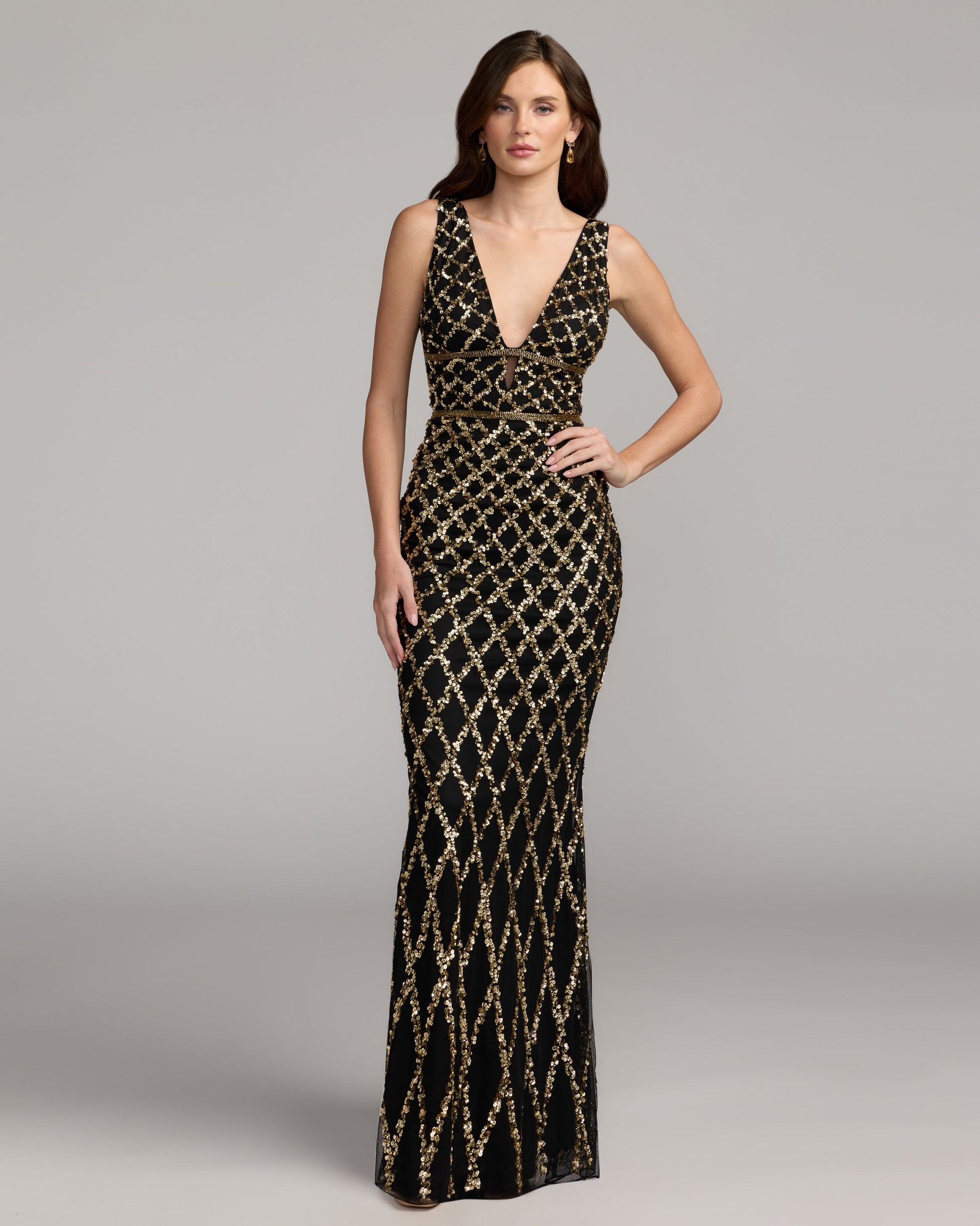 Black Gold Sequin Embellished Sleeveless Column Gown Mac Duggal
