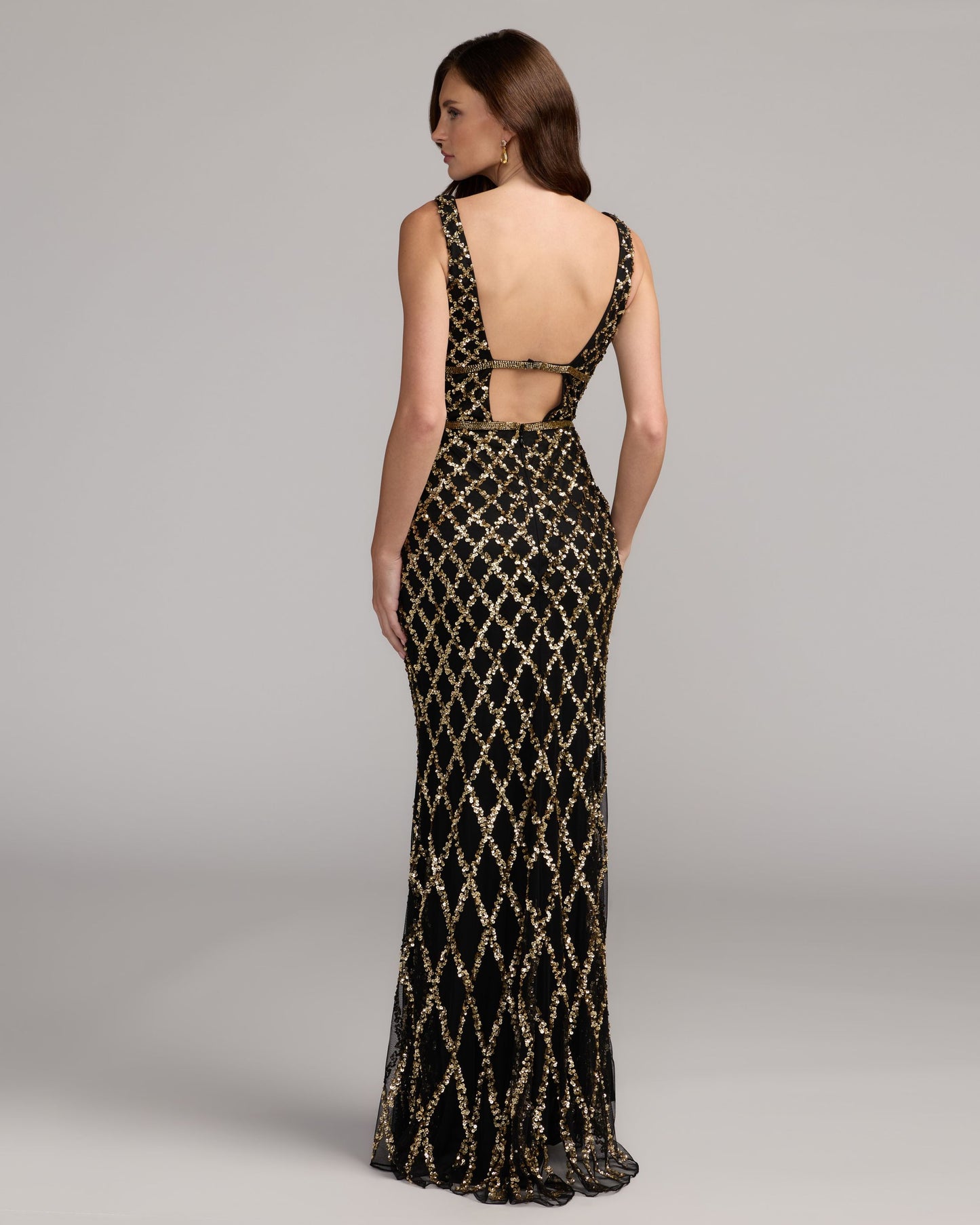 Black Gold Sequin Embellished Sleeveless Column Gown Mac Duggal