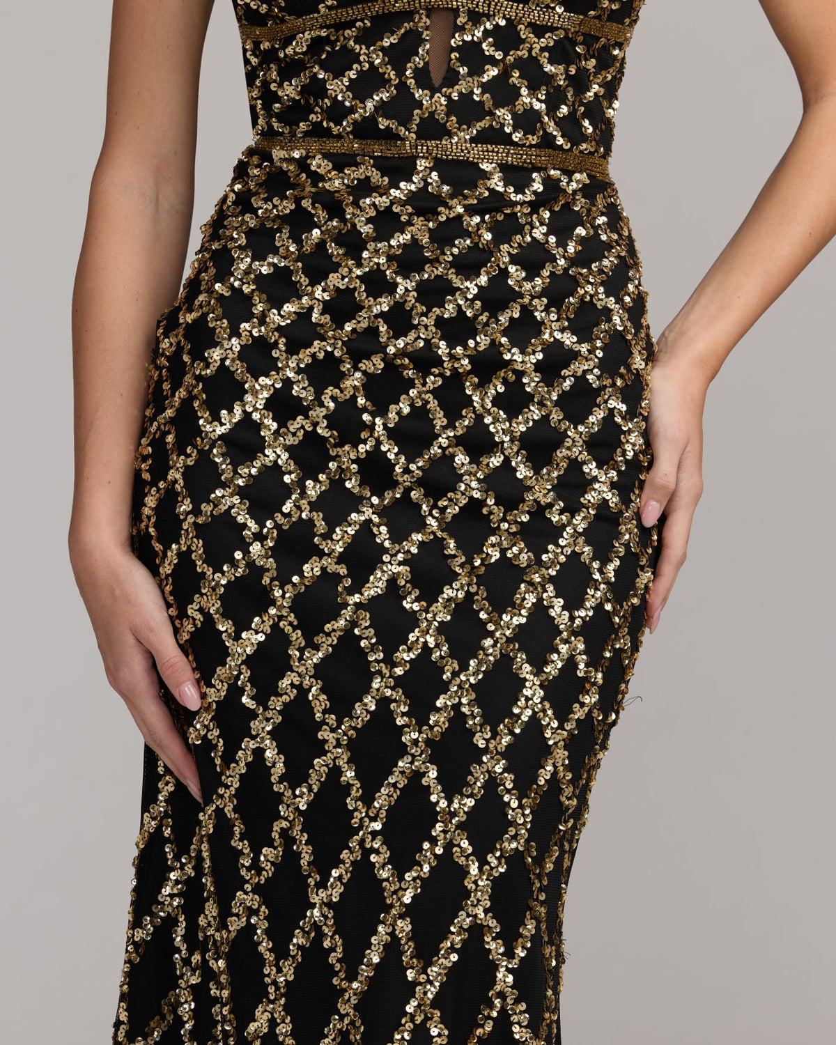 Black Gold Sequin Embellished Sleeveless Column Gown Mac Duggal