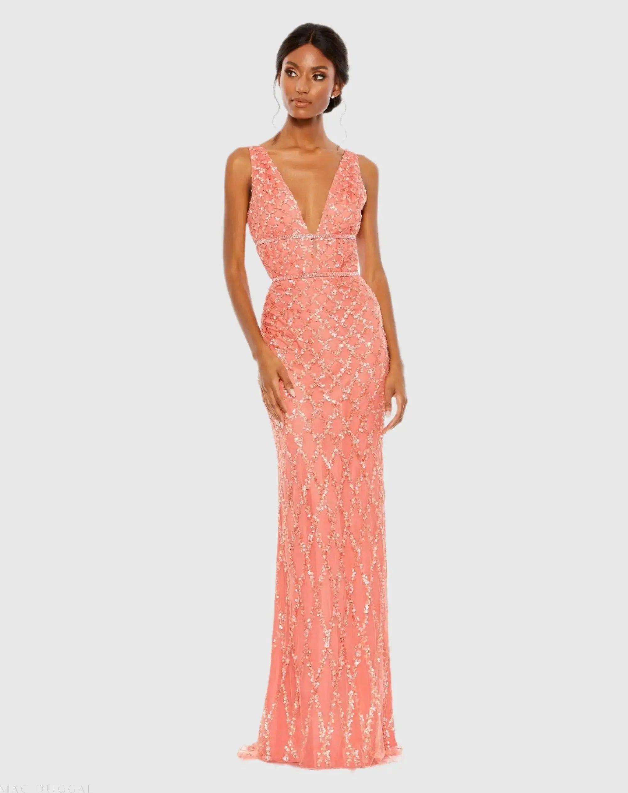Pink Sequined Plunge Neck Sleeveless Column Gown - Mac Duggal