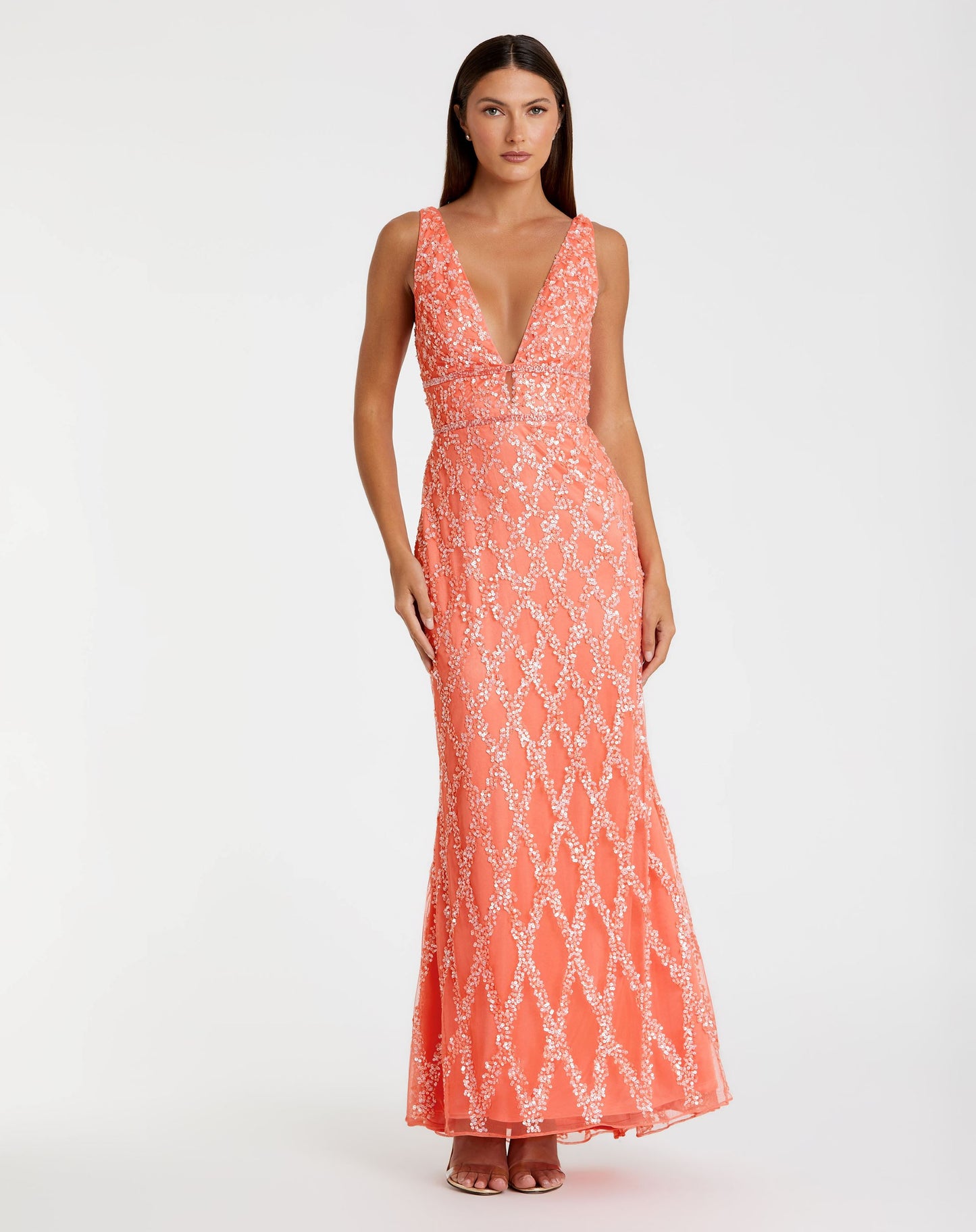 Sequined Plunge Neck Sleeveless Column Gown