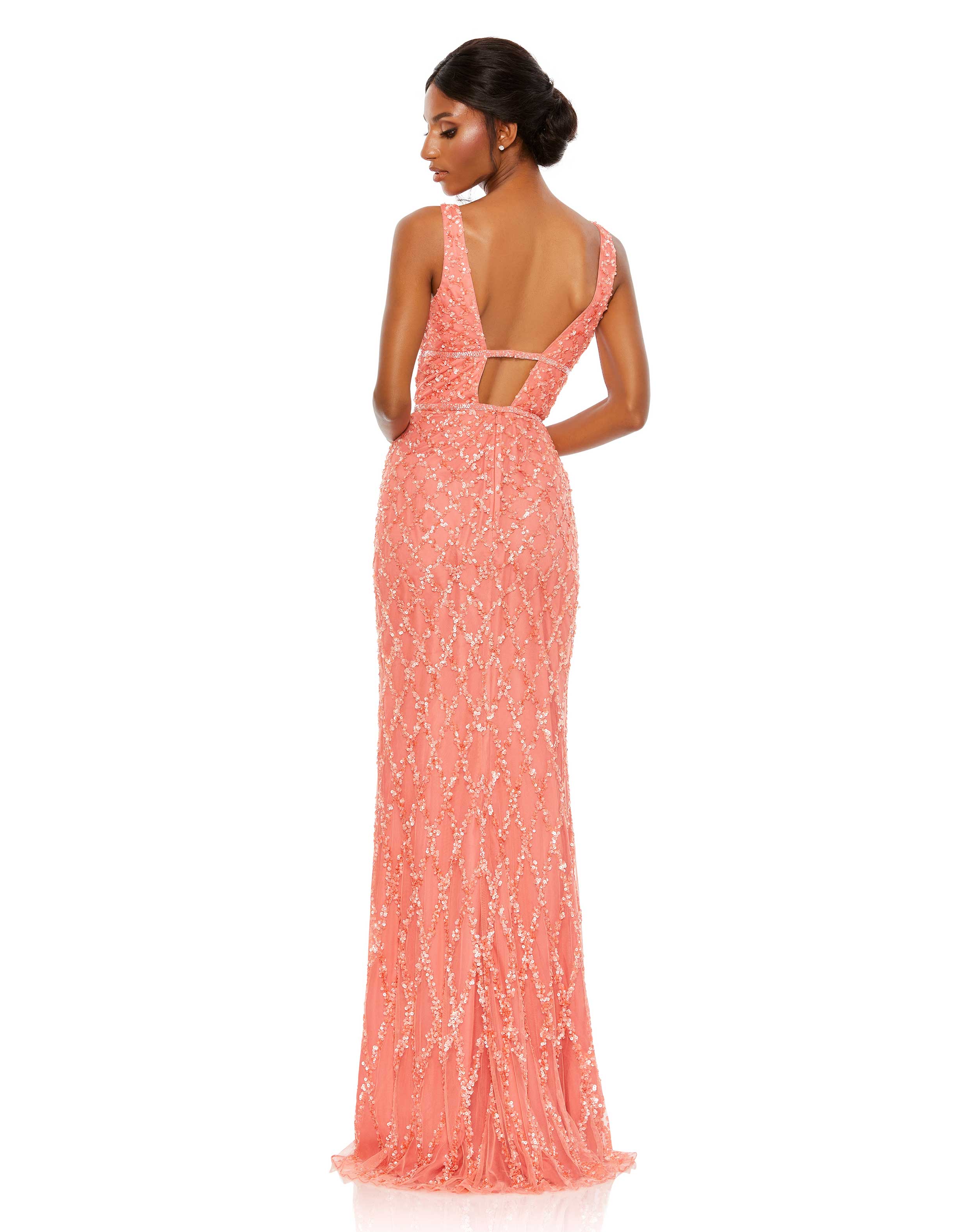 Sequined Plunge Neck Sleeveless Column Gown