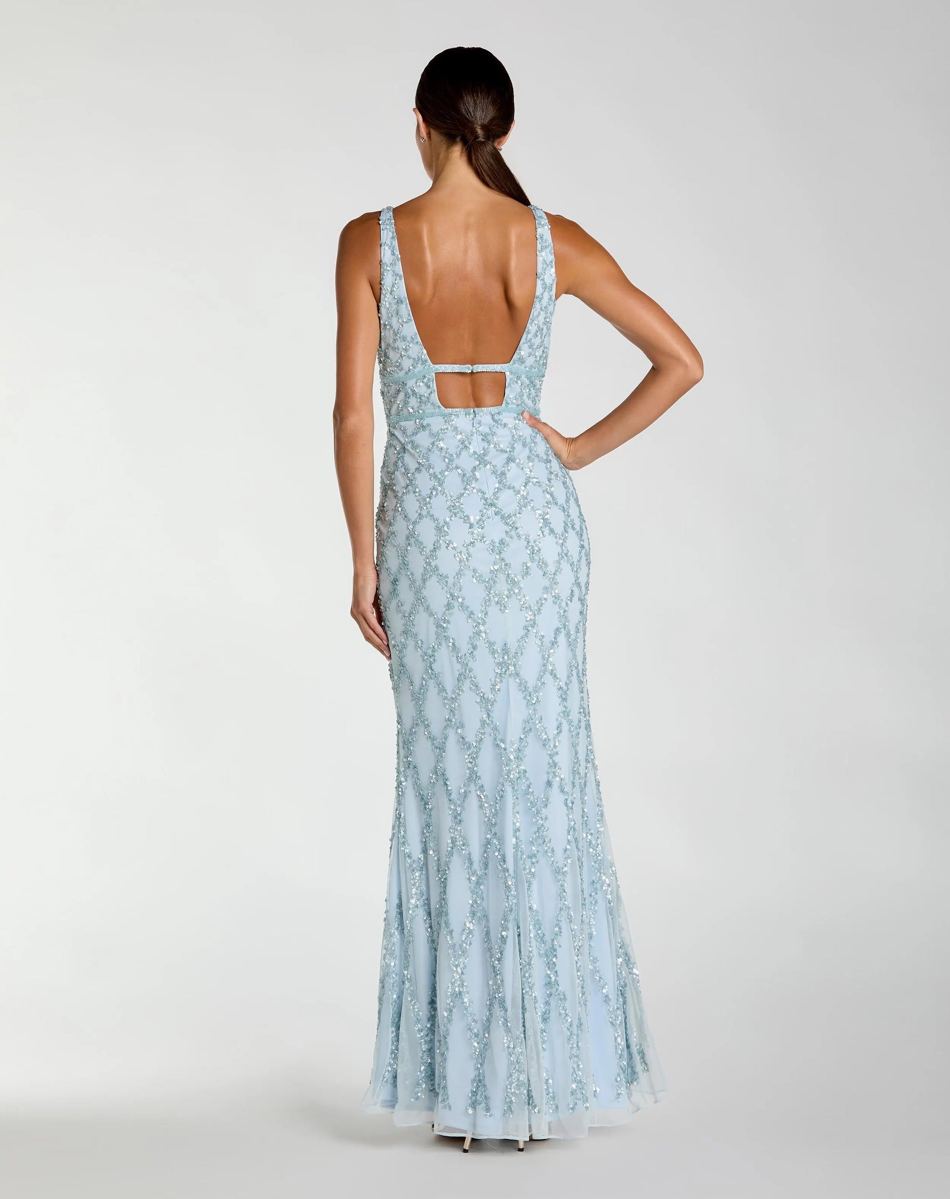 baby blue sequin dress Mac Duggal - Blue Embellished Sleeveless V Neck Gown