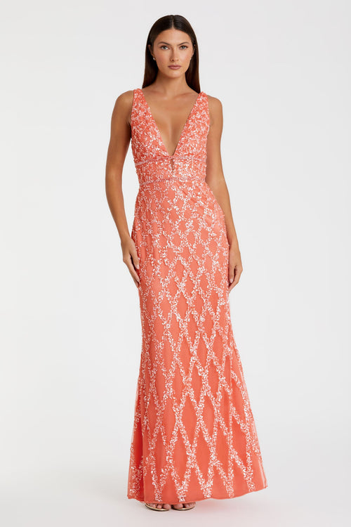 Sequined Plunge Neck Sleeveless Column Gown