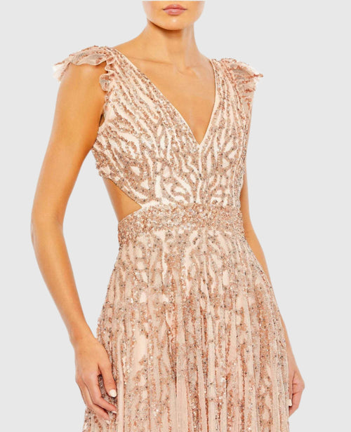 Sequined Flutter Cap Sleeve Cut Out A Line Gown