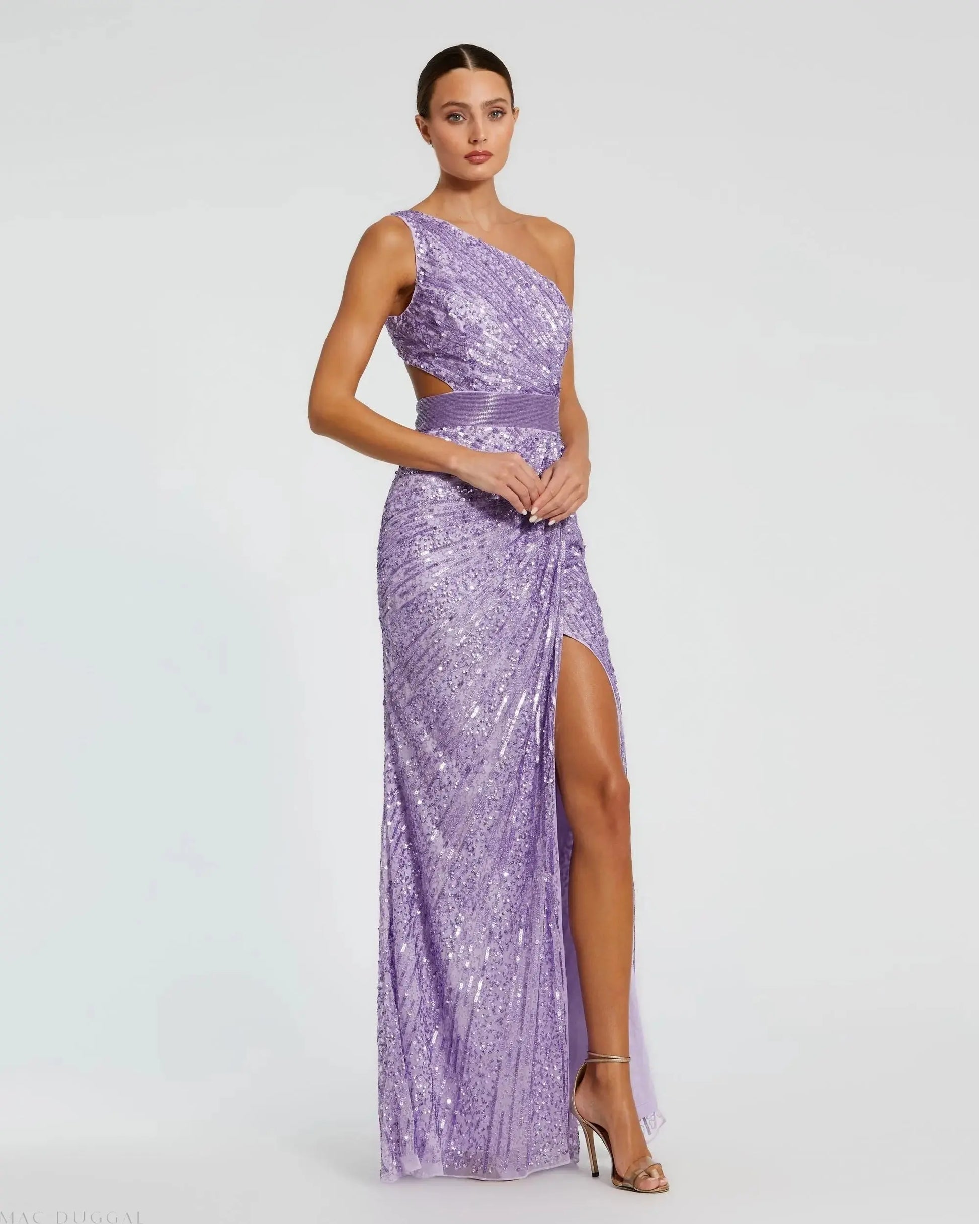 Purple Sequined One Shoulder Draped Lace Up Gown - Mac Duggal Purple Sequined One Shoulder Draped Lace Up Gown - Mac Duggal