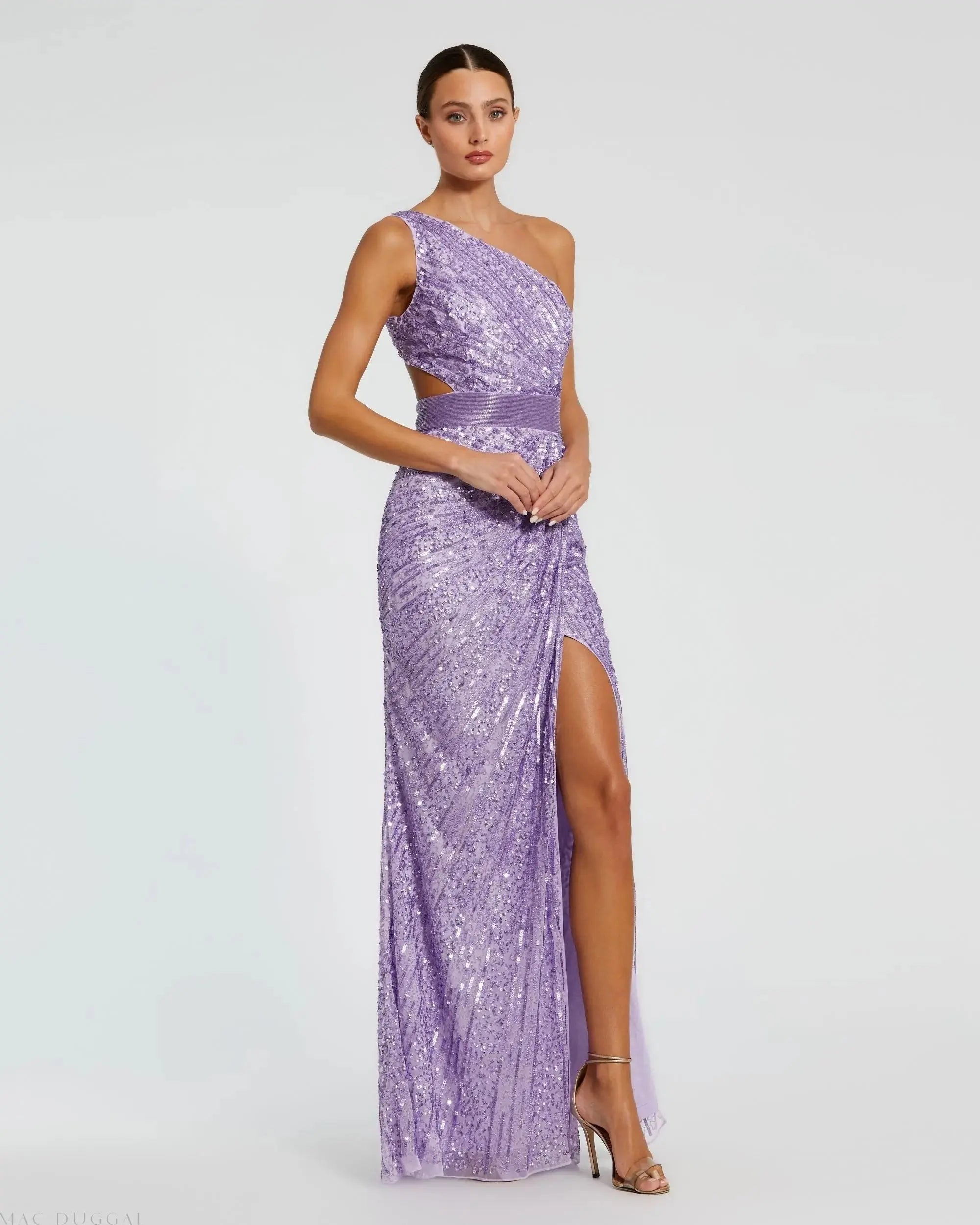 Purple Sequined One Shoulder Draped Lace Up Gown - Mac Duggal