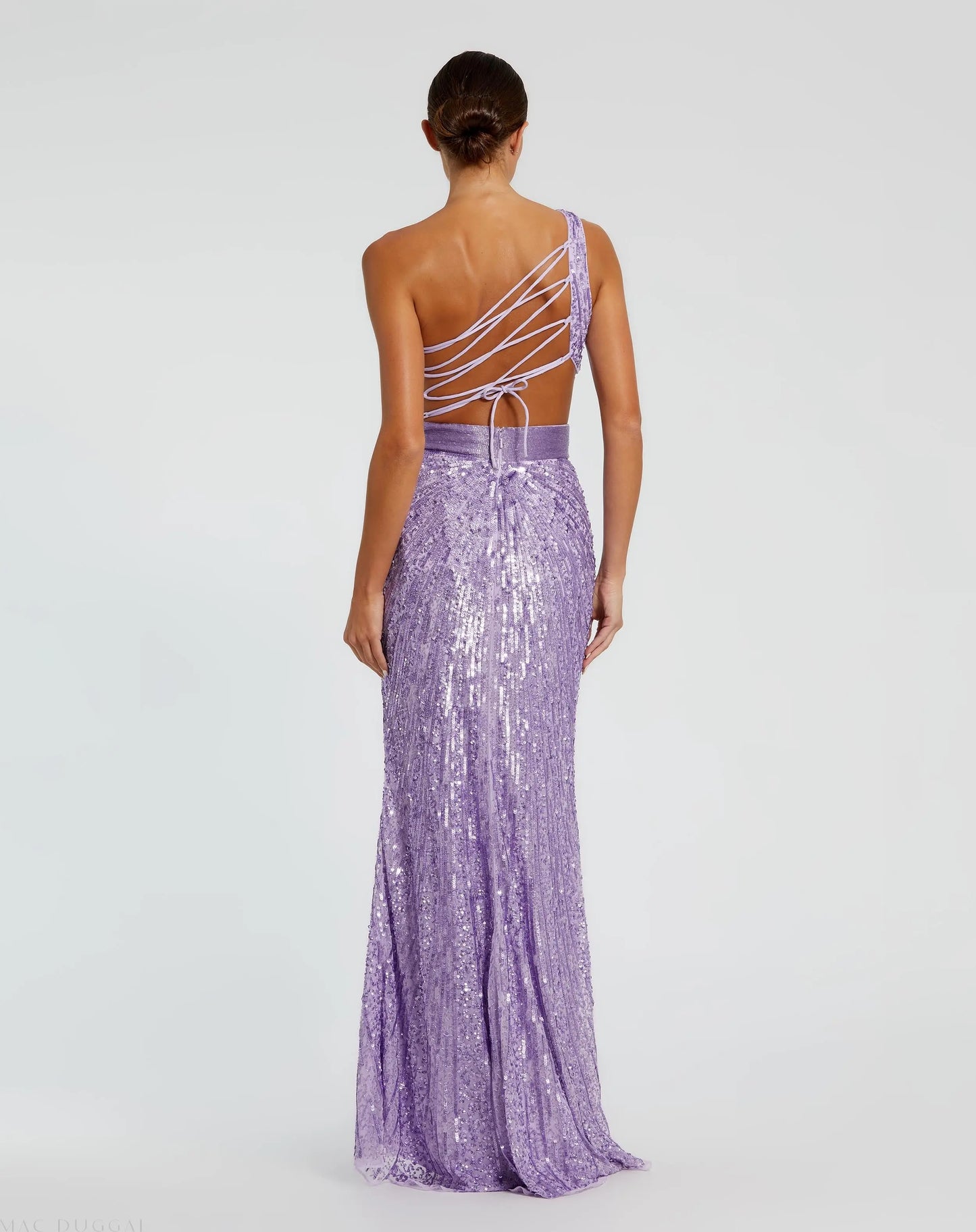 Purple Sequined One Shoulder Draped Lace Up Gown - Mac Duggal