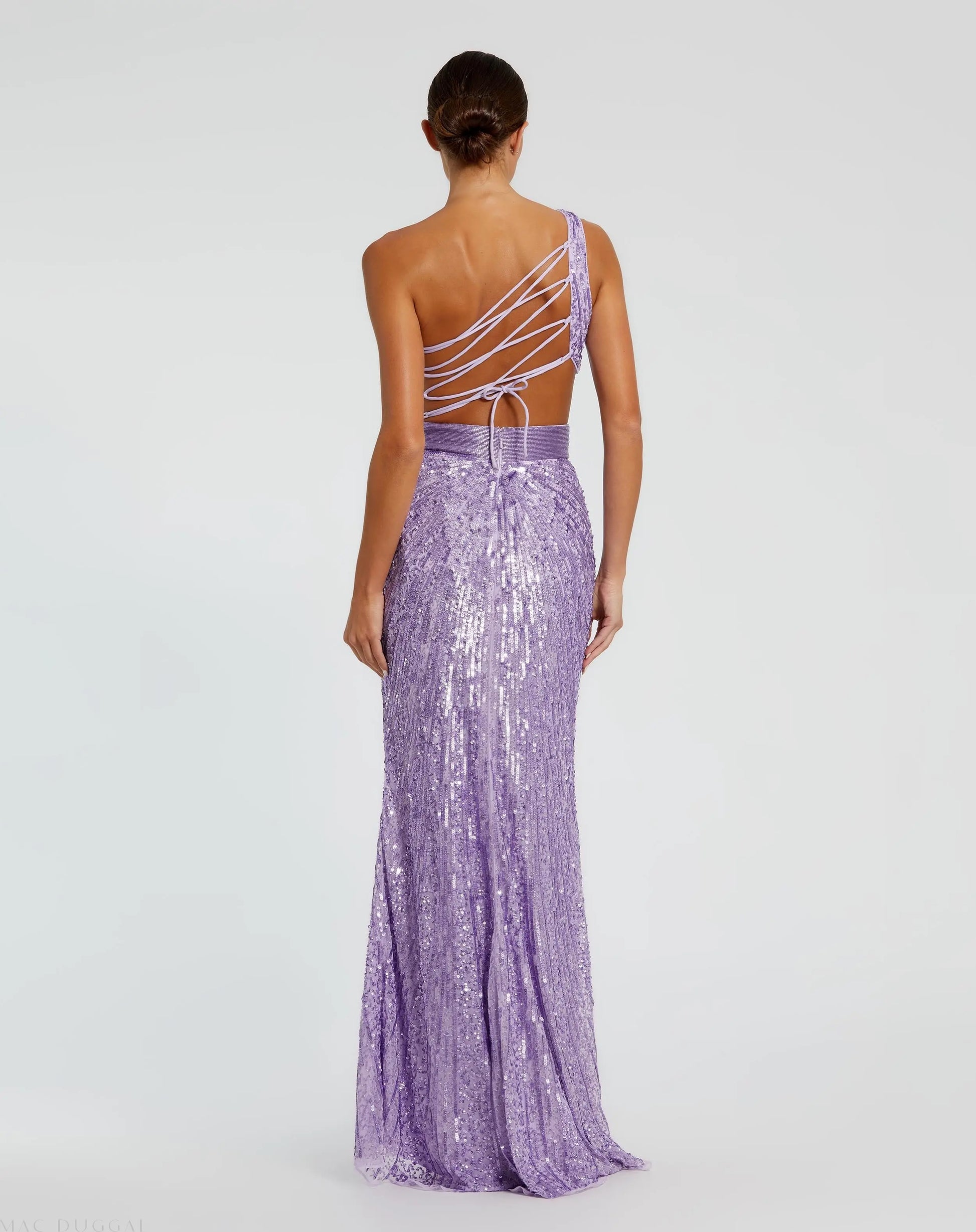 Purple Sequined One Shoulder Draped Lace Up Gown - Mac Duggal Purple Sequined One Shoulder Draped Lace Up Gown - Mac Duggal