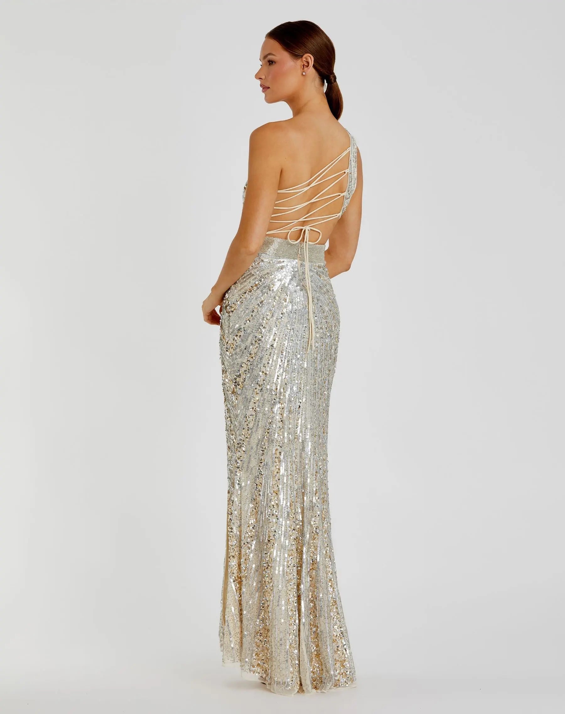Silver Sequined One Shoulder Draped Lace Up Gown - Mac Duggal Silver Sequined One Shoulder Draped Lace Up Gown - Mac Duggal