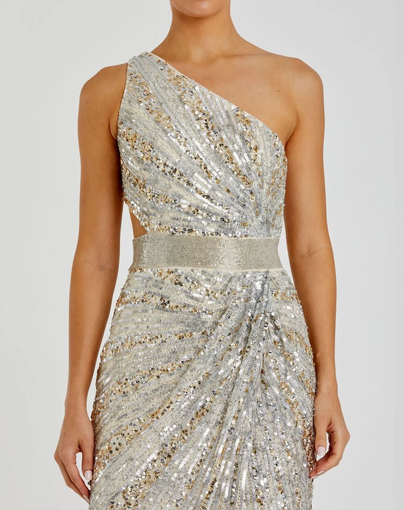 Silver Sequined One Shoulder Draped Lace Up Gown - Mac Duggal
