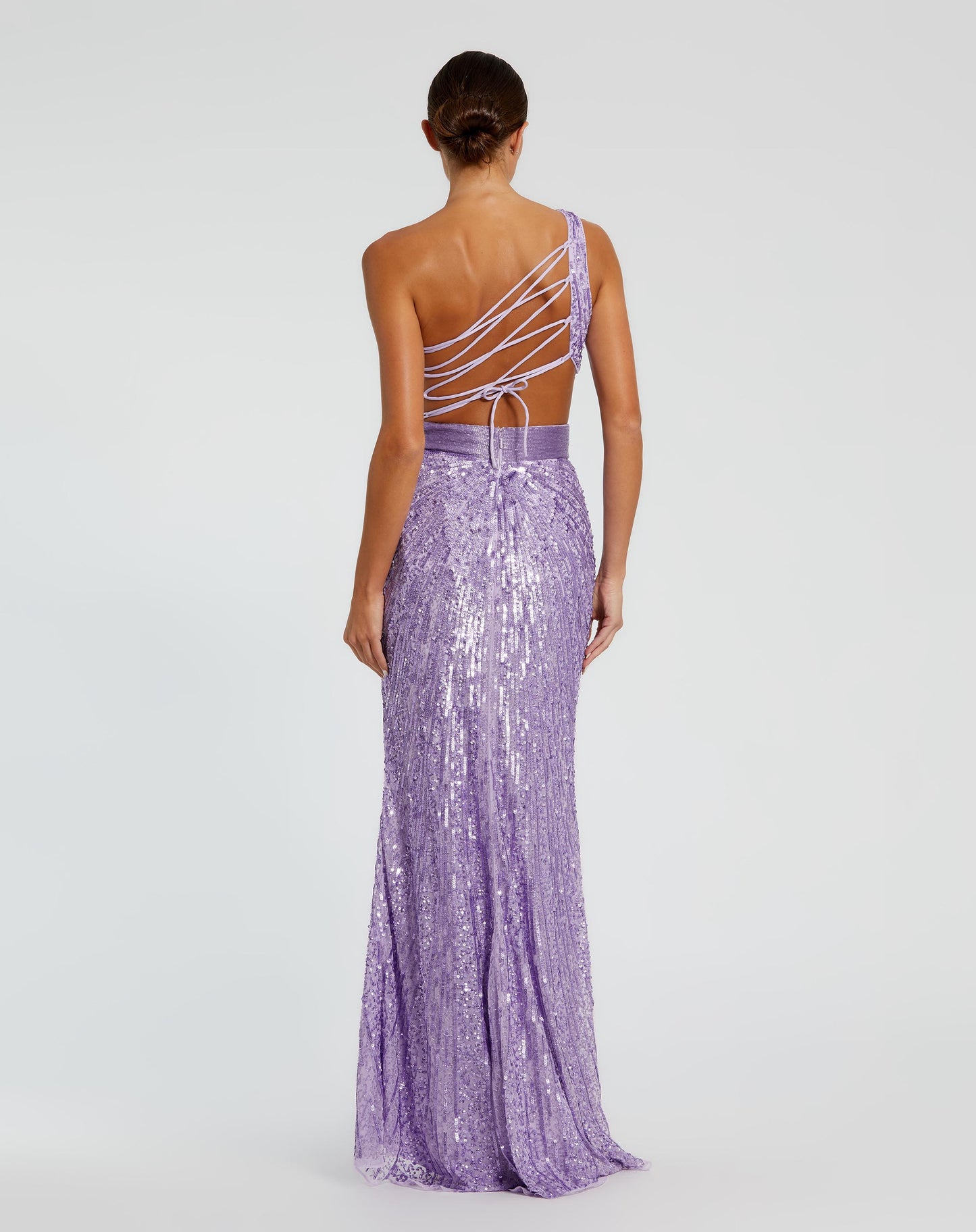 Sequined One Shoulder Draped Lace Up Gown