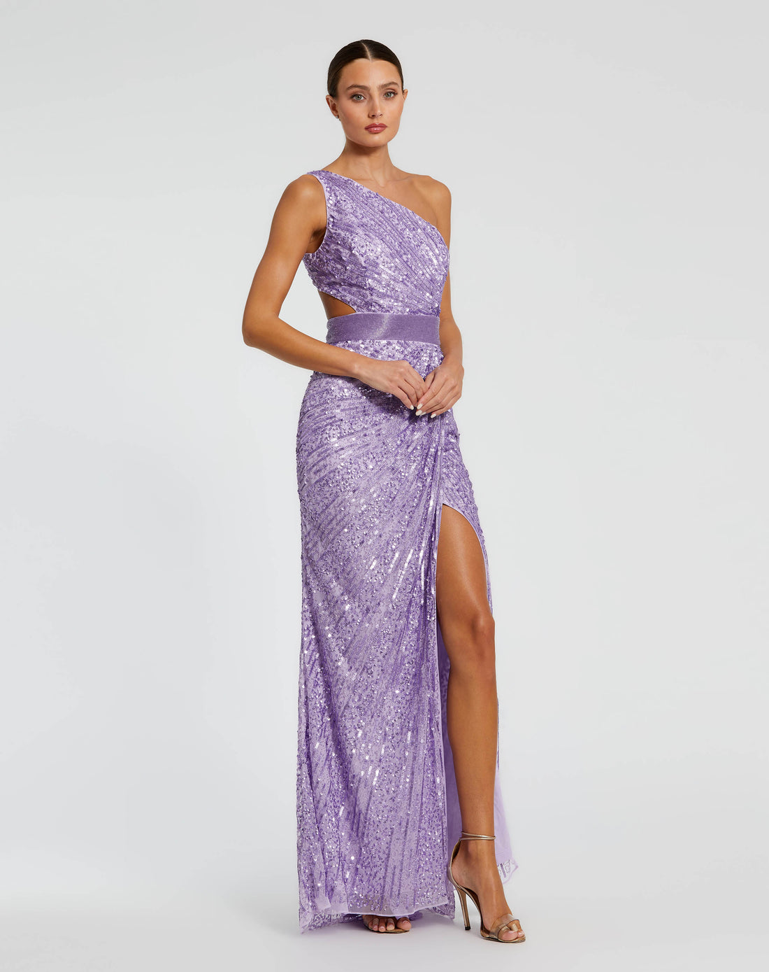 Sequined One Shoulder Draped Lace Up Gown