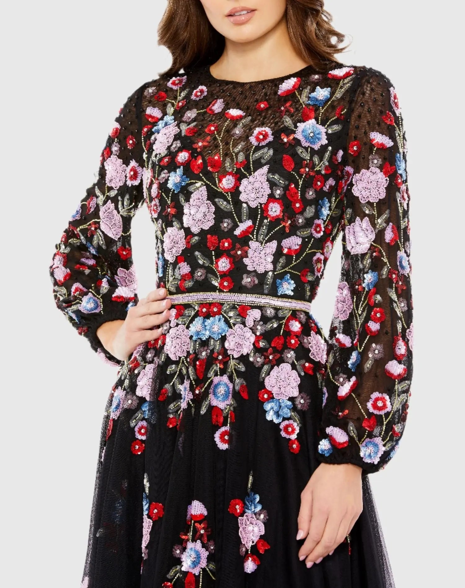 Sequined Floral High Neck Puff Sleeve Cocktail Dress - Mac Duggal