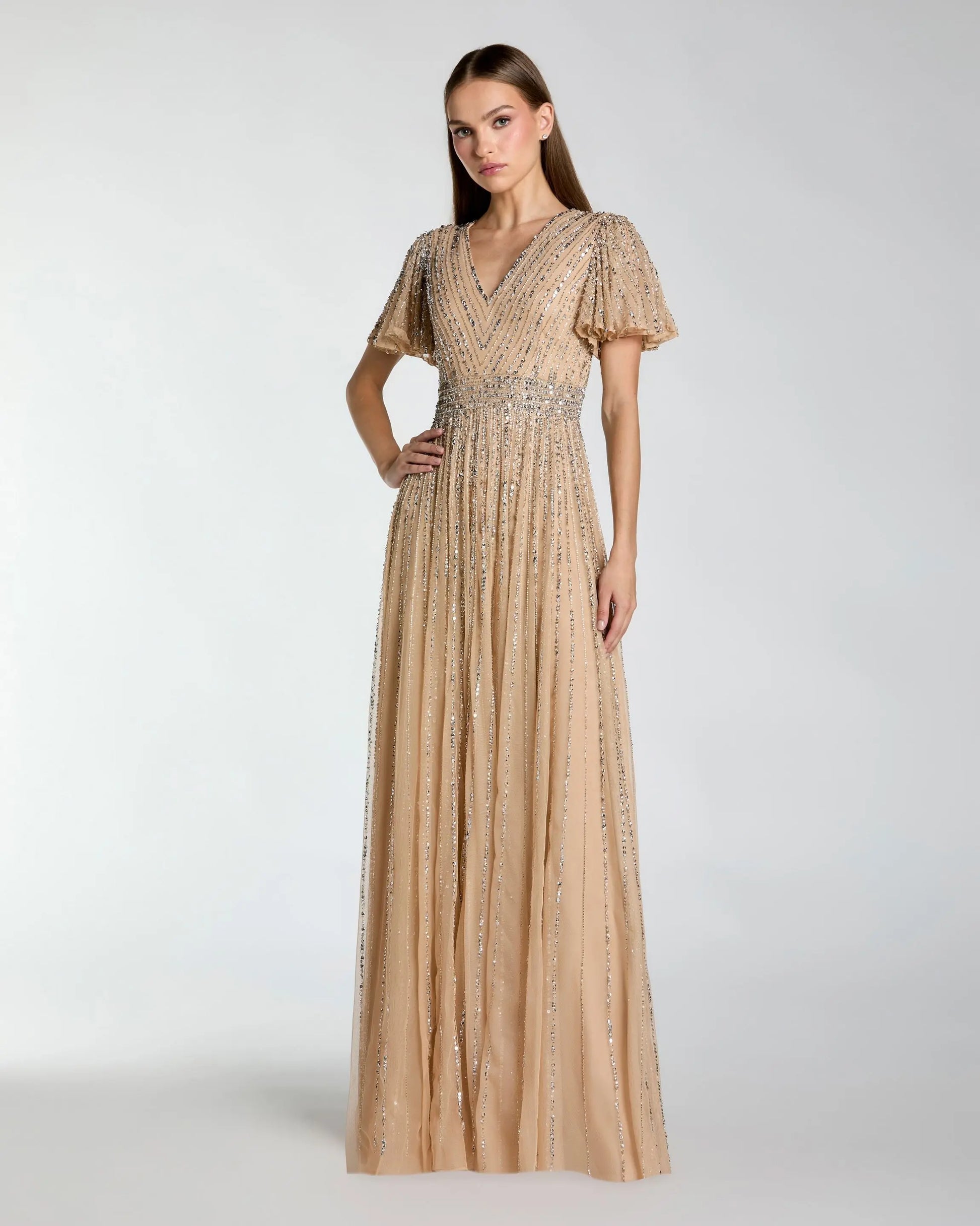 Beige Sequin V-Neck Flutter Sleeve Gown | Mac Duggal Beige Sequin V-Neck Flutter Sleeve Gown | Mac Duggal