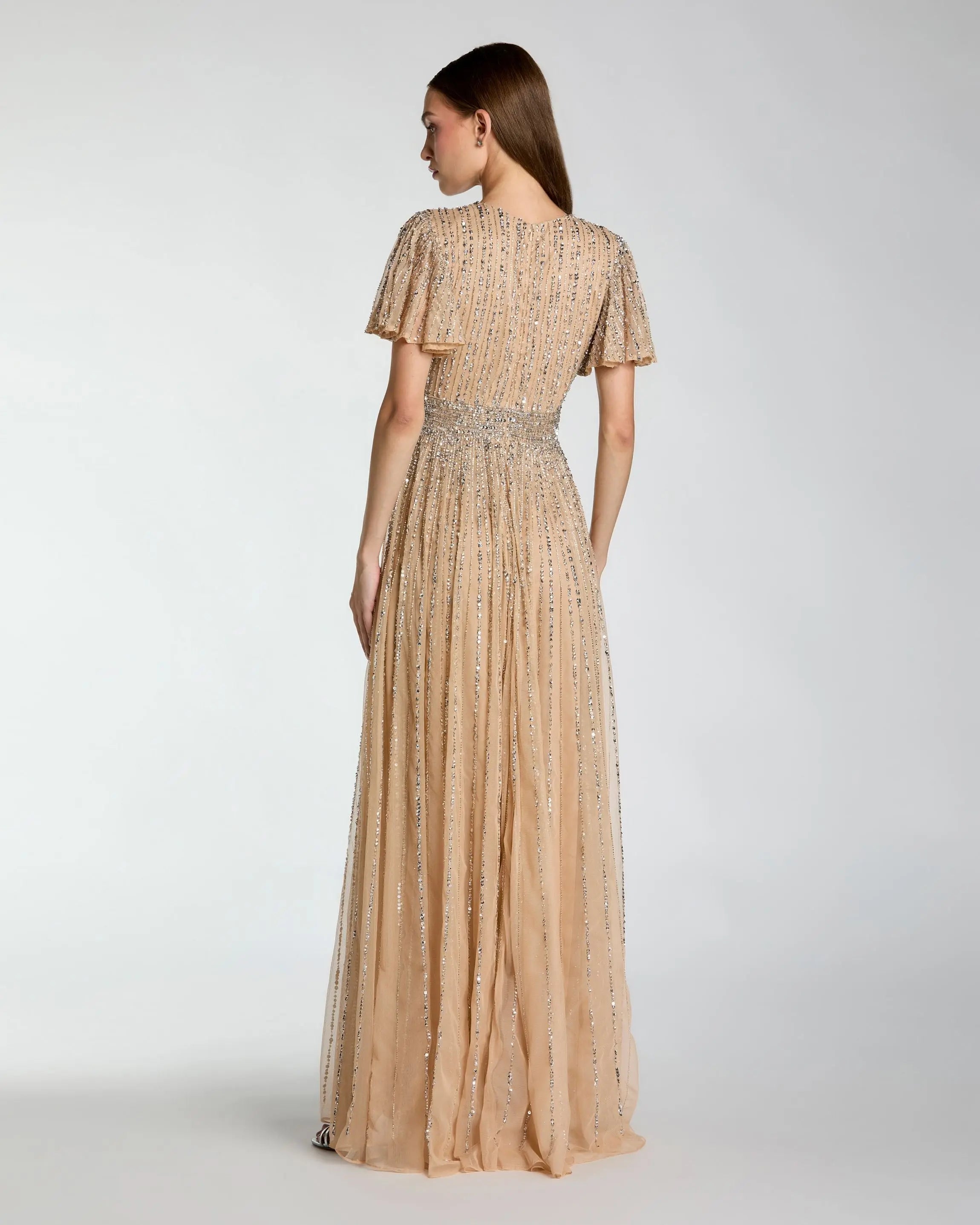 Beige Sequin V-Neck Flutter Sleeve Gown Mac Duggal