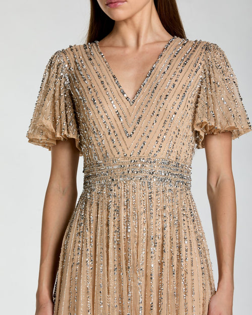 Beige Sequin V-Neck Flutter Sleeve Gown