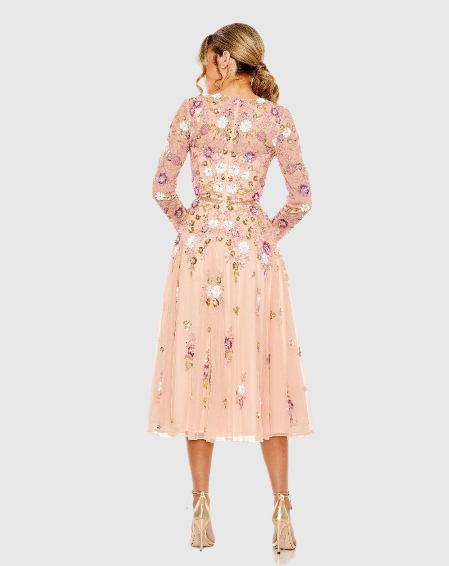 Vestido midi com lantejoulas florais, manga comprida, gola alta