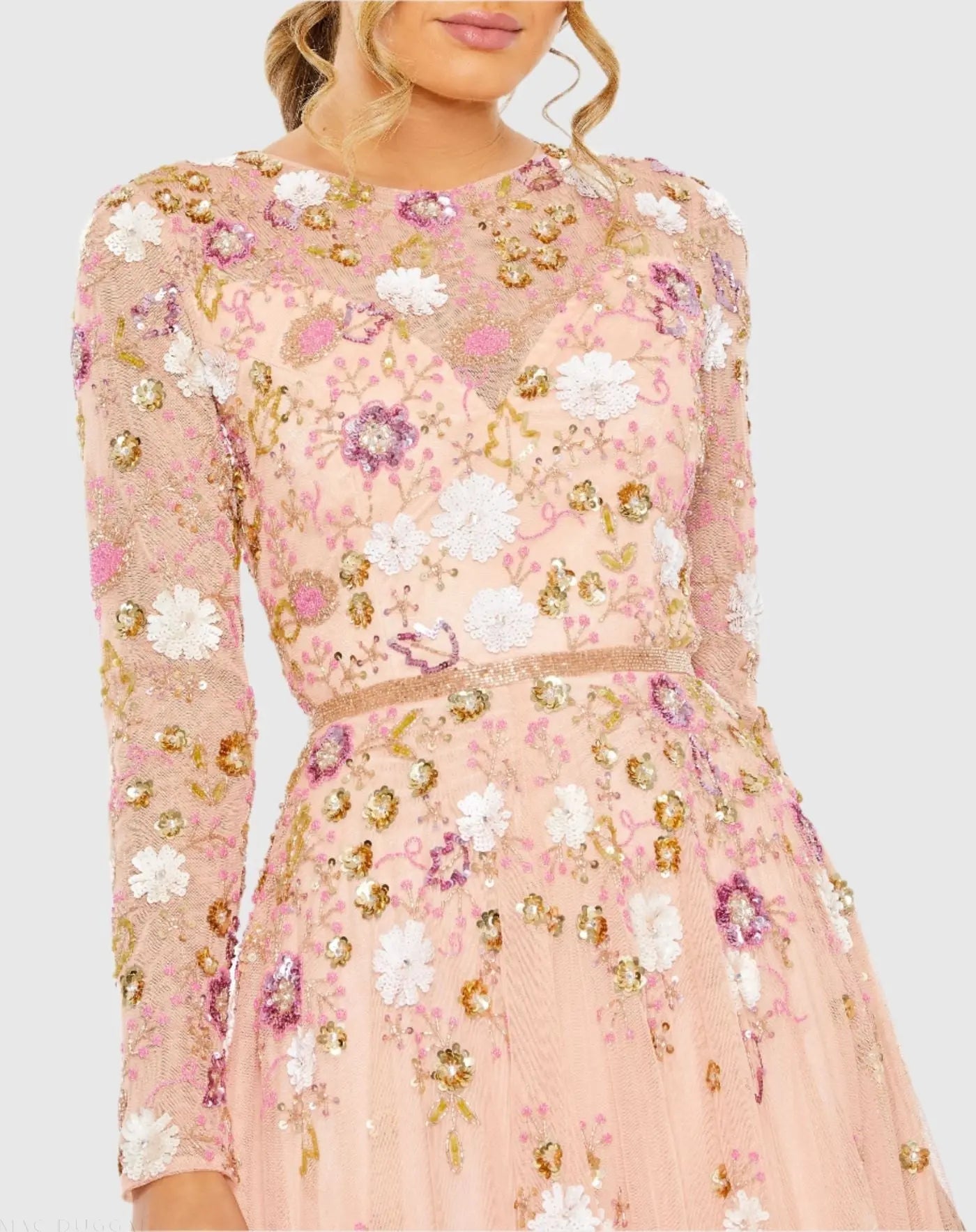 Pink Sequined Floral Long Sleeve High Neck Midi Dress - Mac Duggal