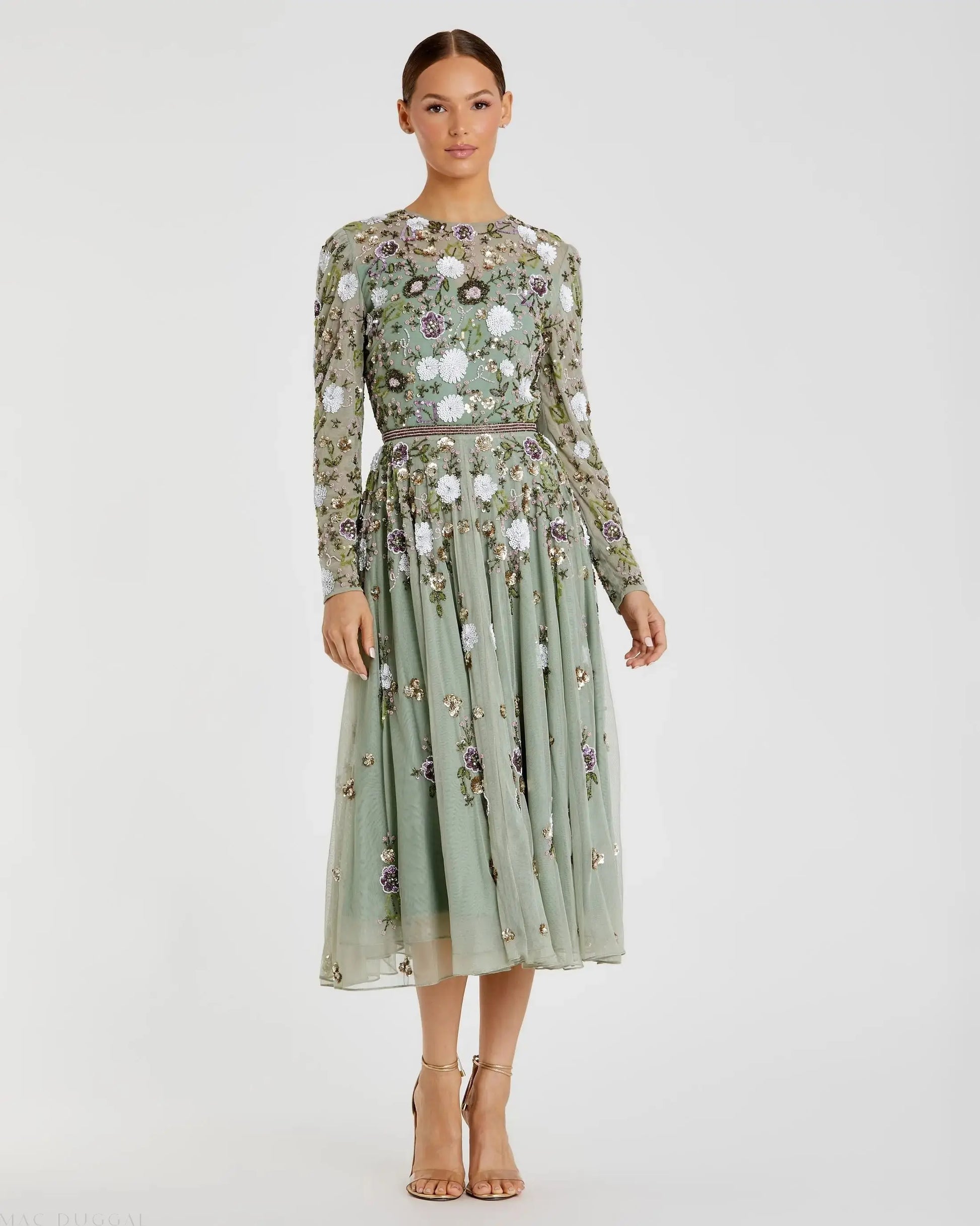 Green Sequined Floral Long Sleeve High Neck Midi Dress - Mac Duggal Green Sequined Floral Long Sleeve High Neck Midi Dress - Mac Duggal