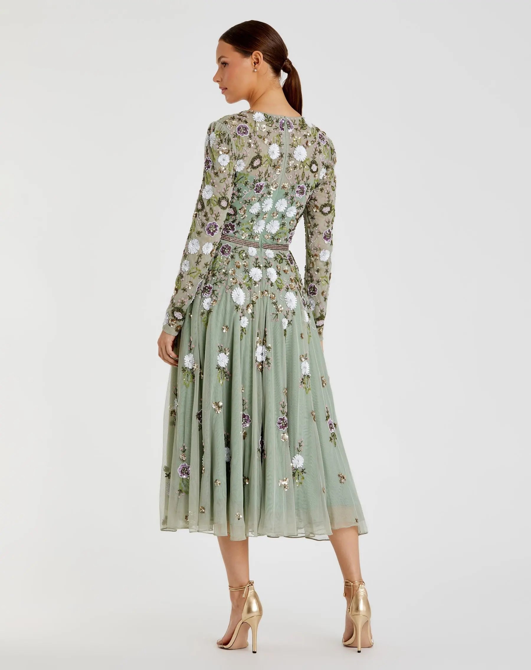 Green Sequined Floral Long Sleeve High Neck Midi Dress - Mac Duggal