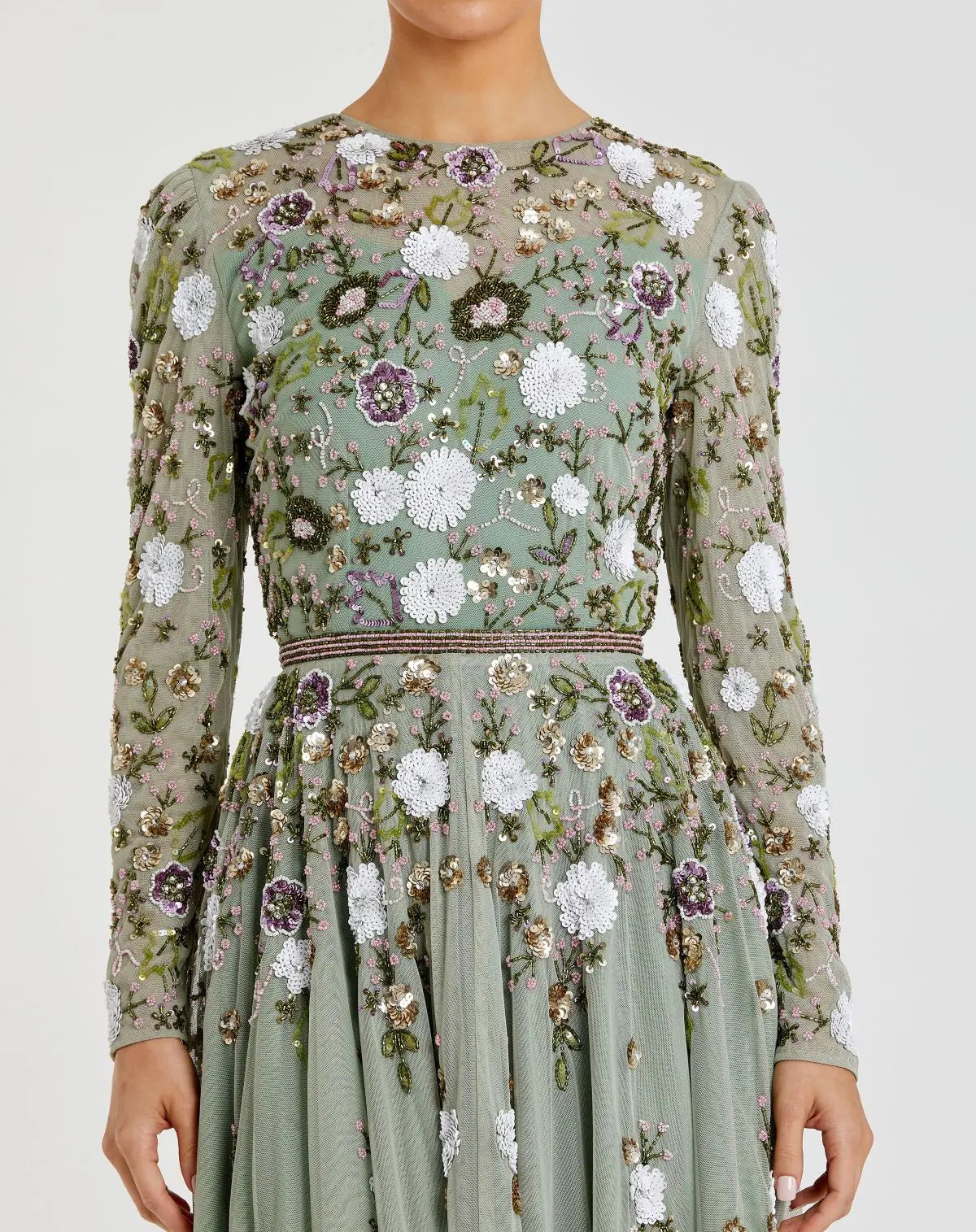 Green Sequined Floral Long Sleeve High Neck Midi Dress Green Sequined Floral Long Sleeve High Neck Midi Dress