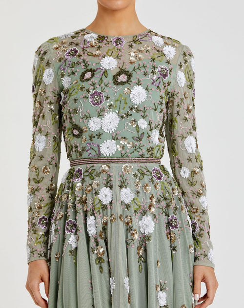 Sequined Floral Long Sleeve High Neck Midi Dress