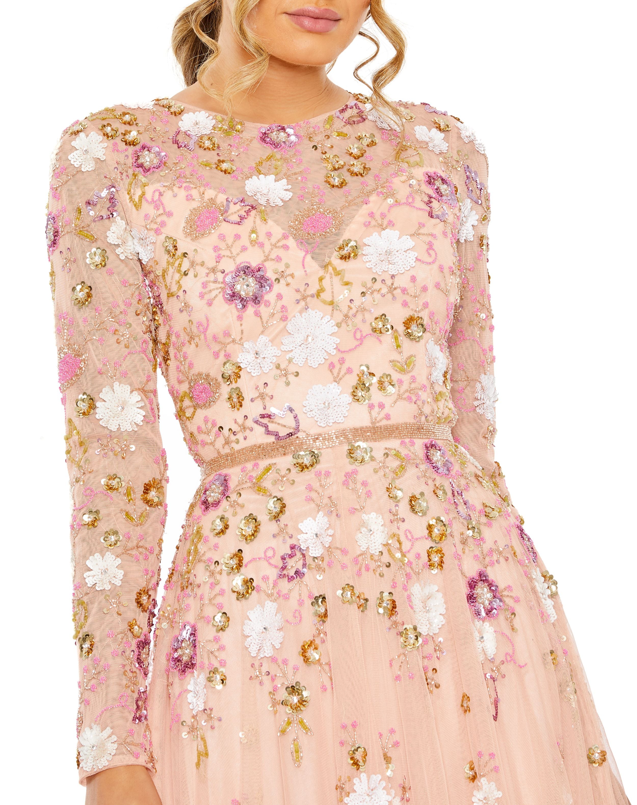 Sequined Floral Long Sleeve High Neck Midi Dress