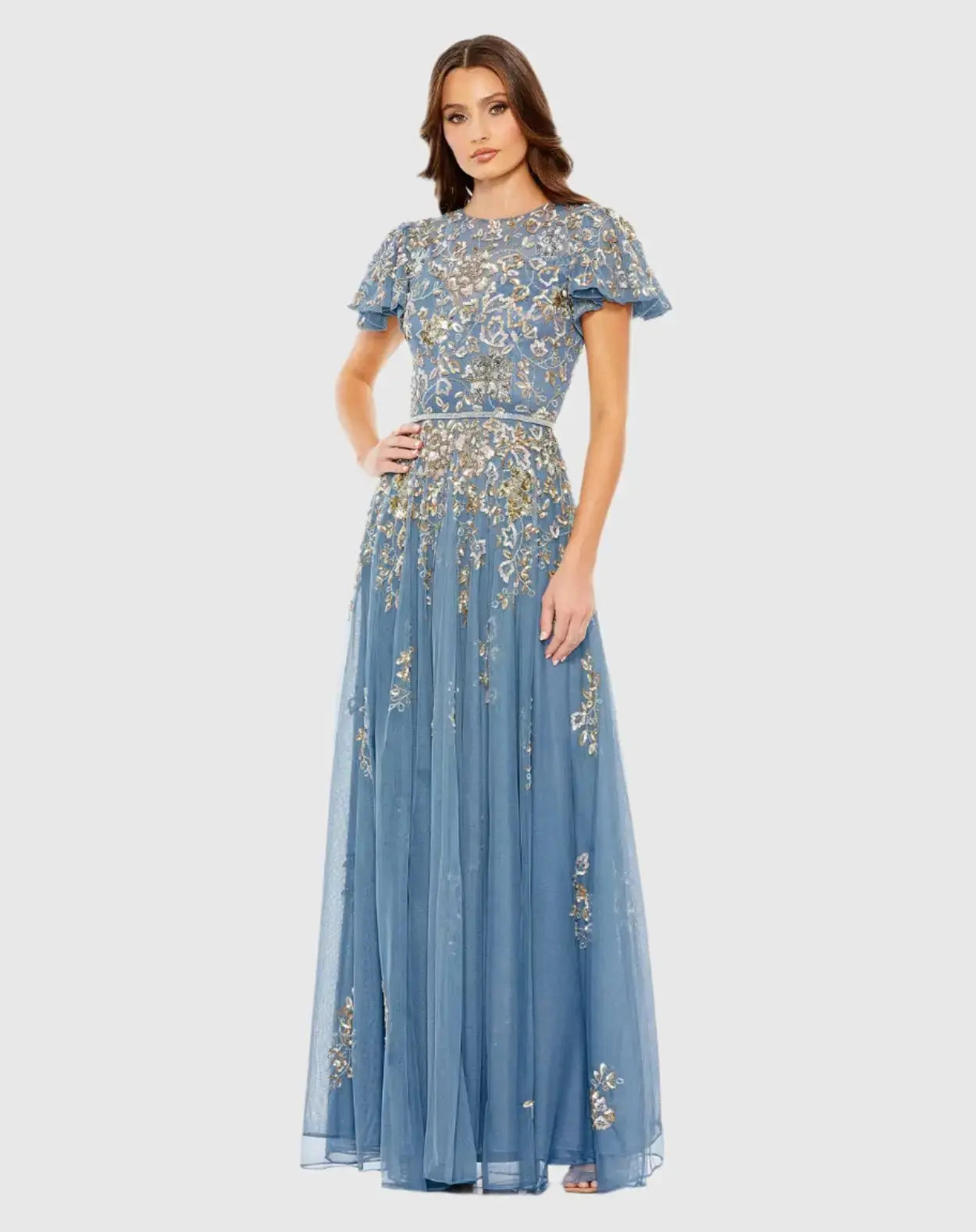 Blue Embellished Butterfly Sleeve High Neck Gown - Mac Duggal