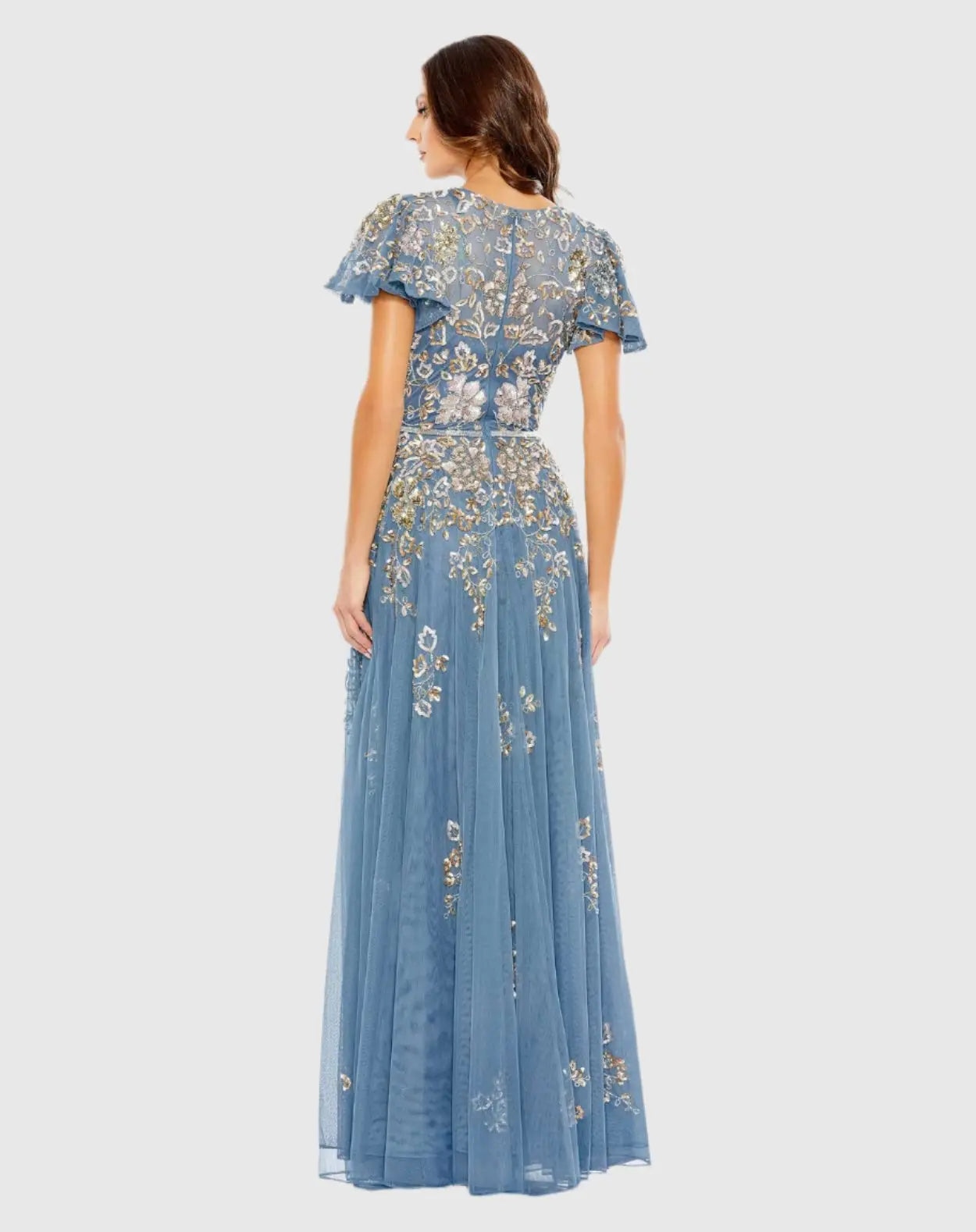 Blue Embellished Butterfly Sleeve High Neck Gown - Mac Duggal