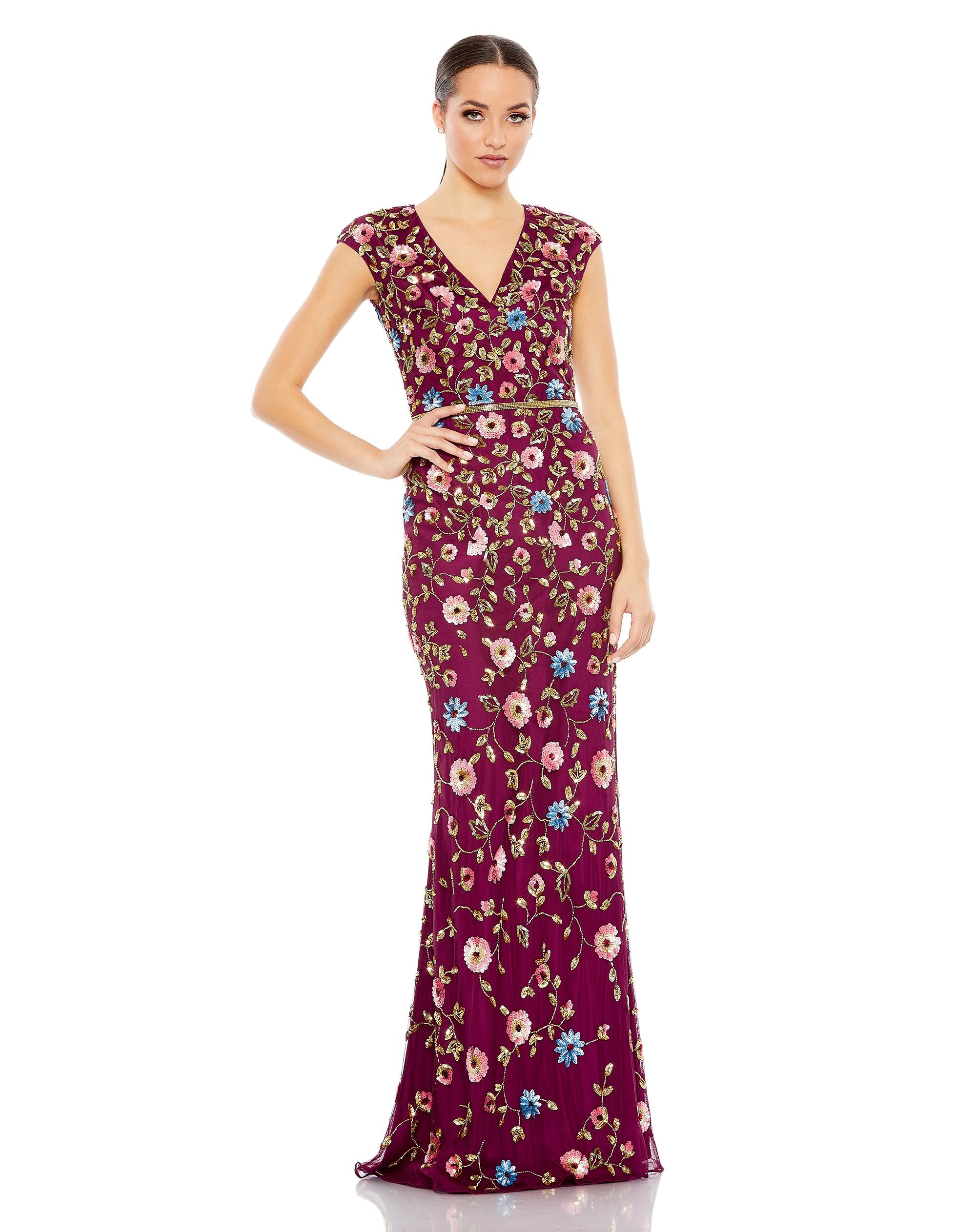 Sequined Cap Sleeve V Neck Gown | Sample | Sz. 0