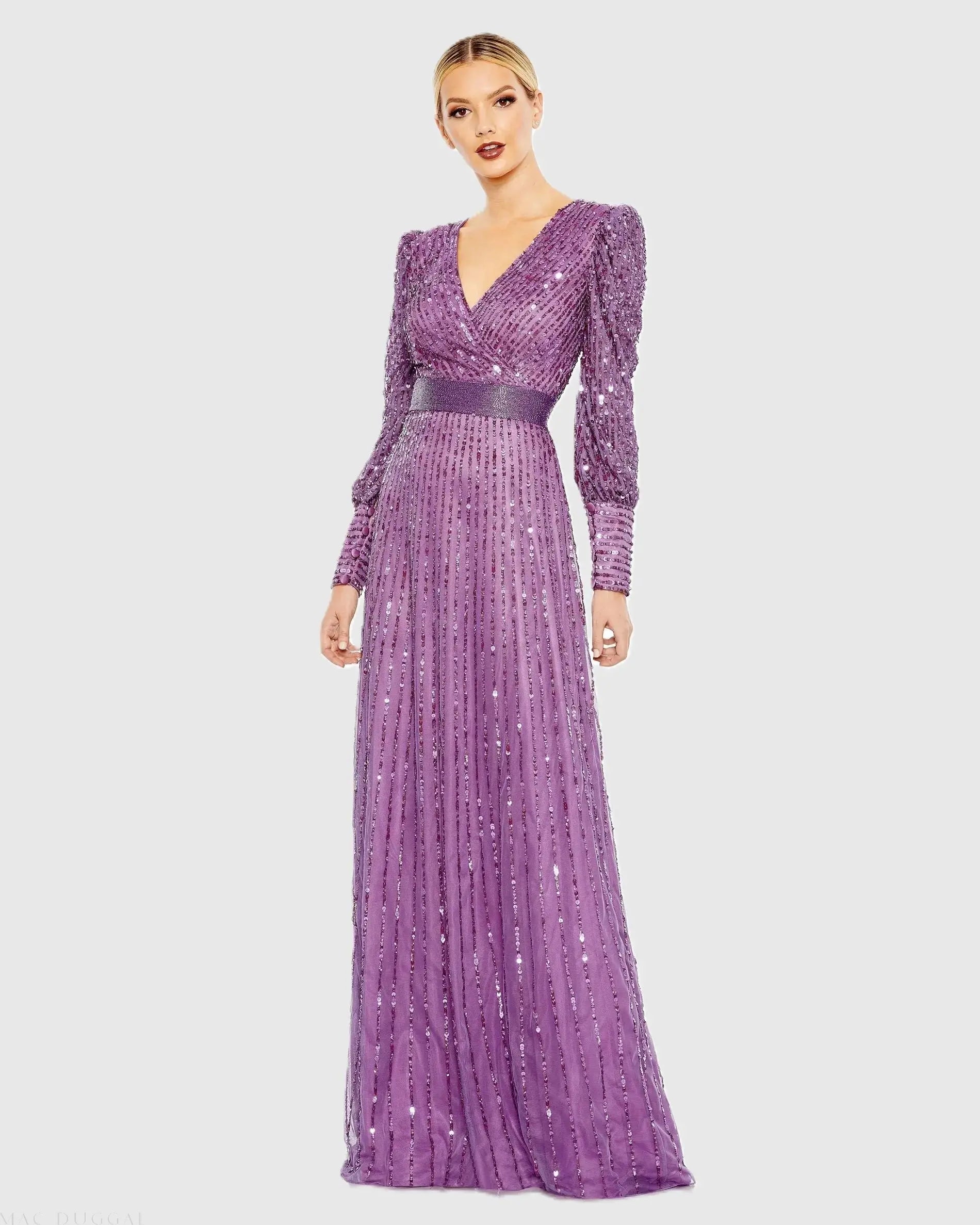 Purple Sequined Wrap Over Bishop Sleeve Gown - Mac Duggal