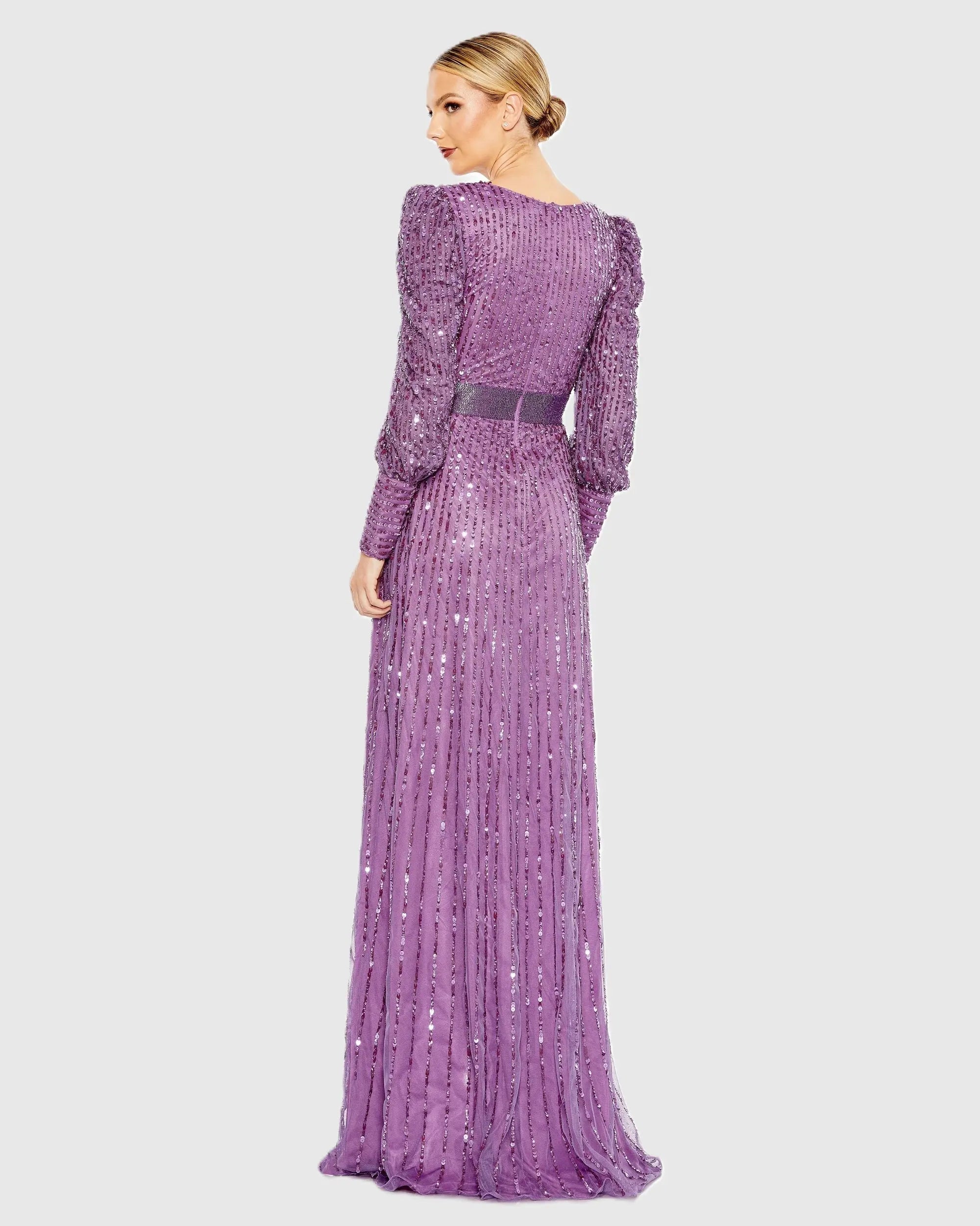 Purple Sequined Wrap Over Bishop Sleeve Gown - Mac Duggal