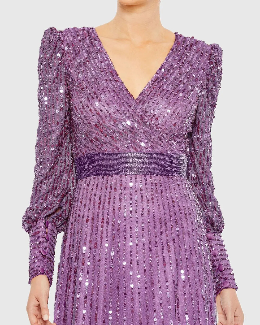 Mac Duggal Sequin Wrap-Over Bishop-Sleeve Gown