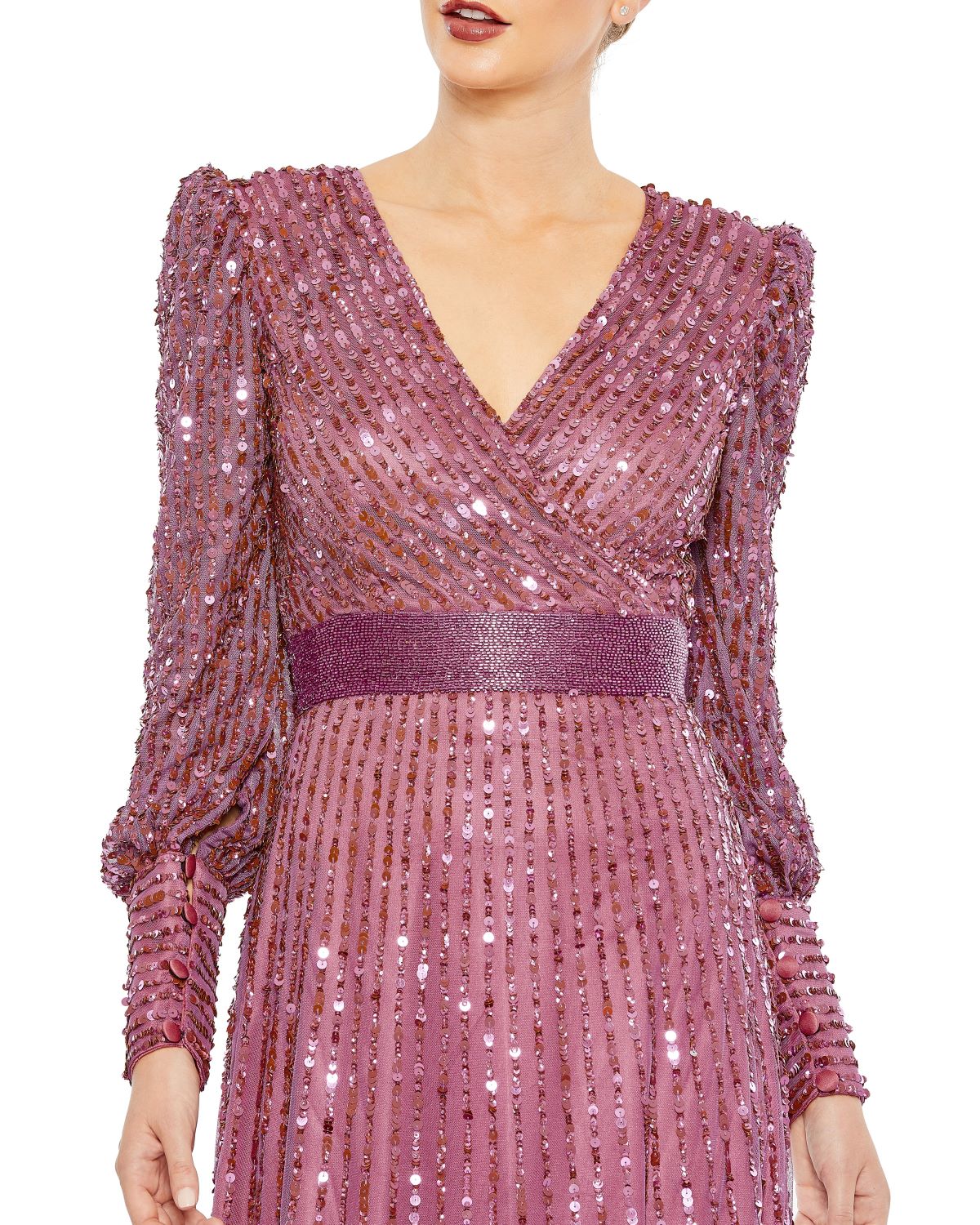 Sequined Wrap Over Bishop Sleeve Gown
