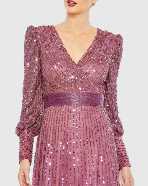 Sequined Wrap Over Bishop Sleeve Gown