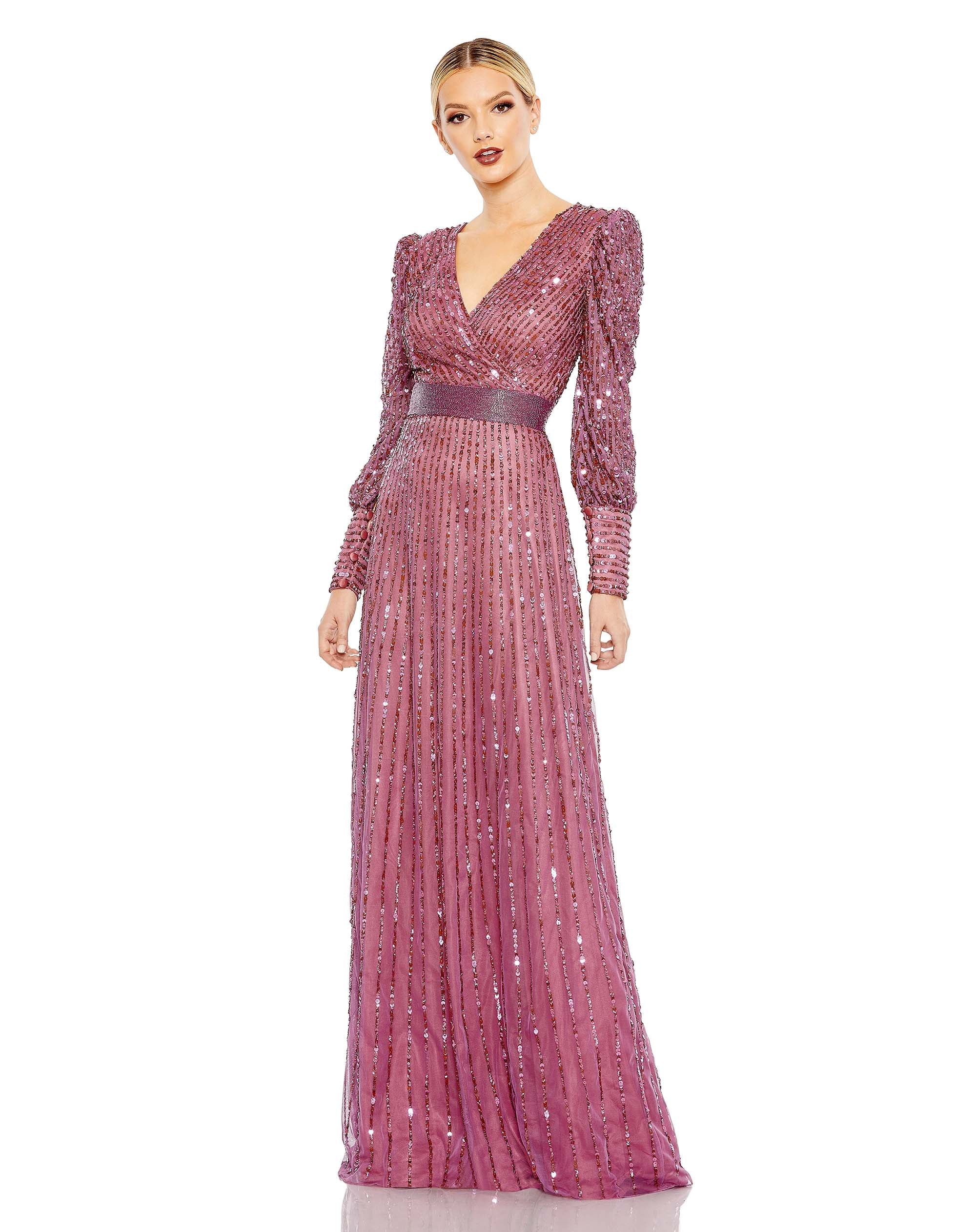 Sequined Wrap Over Bishop Sleeve Gown