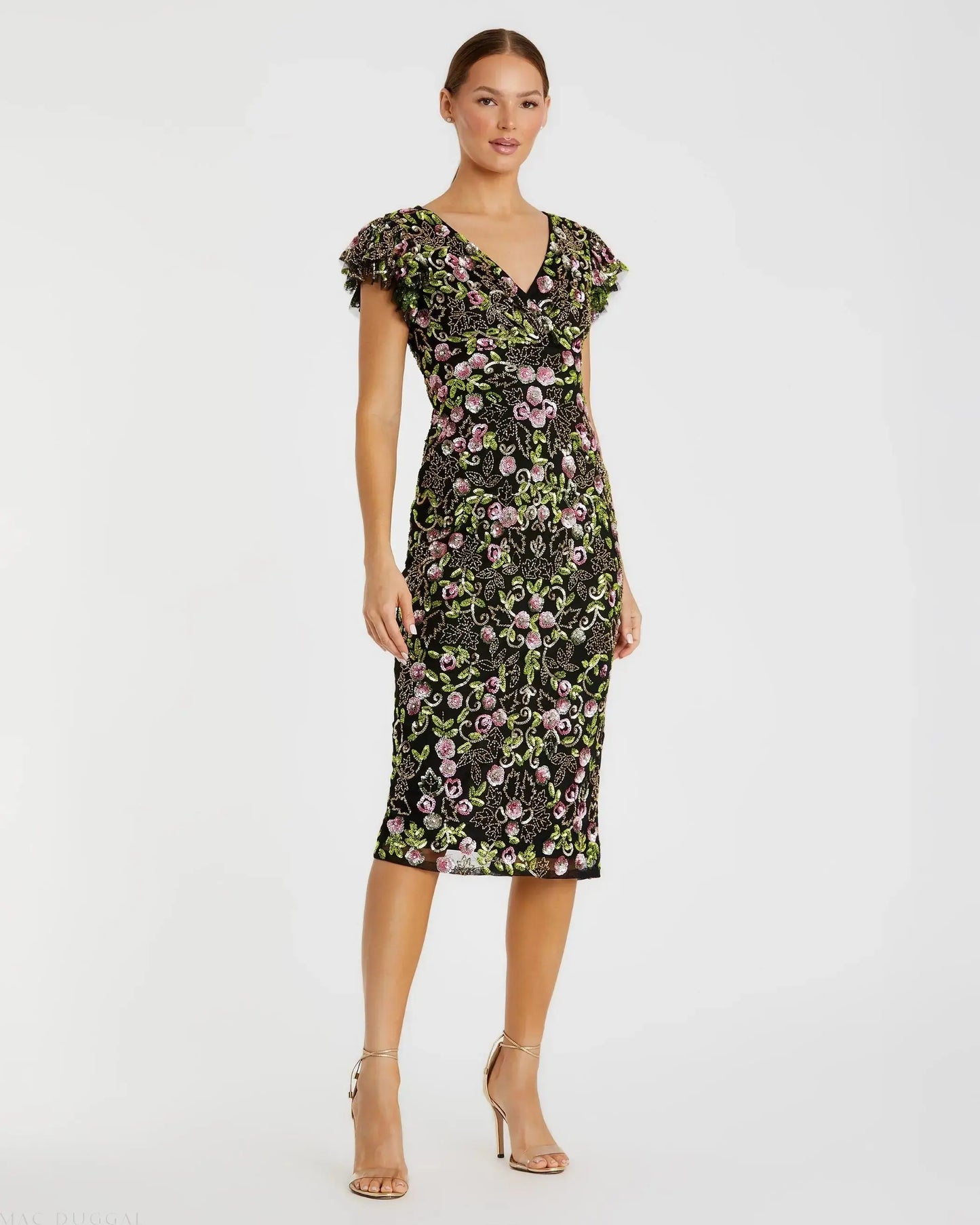 mac duggal black embellished floral long sleeve dress Belted Floral Print Illusion Long Sleeve Gown