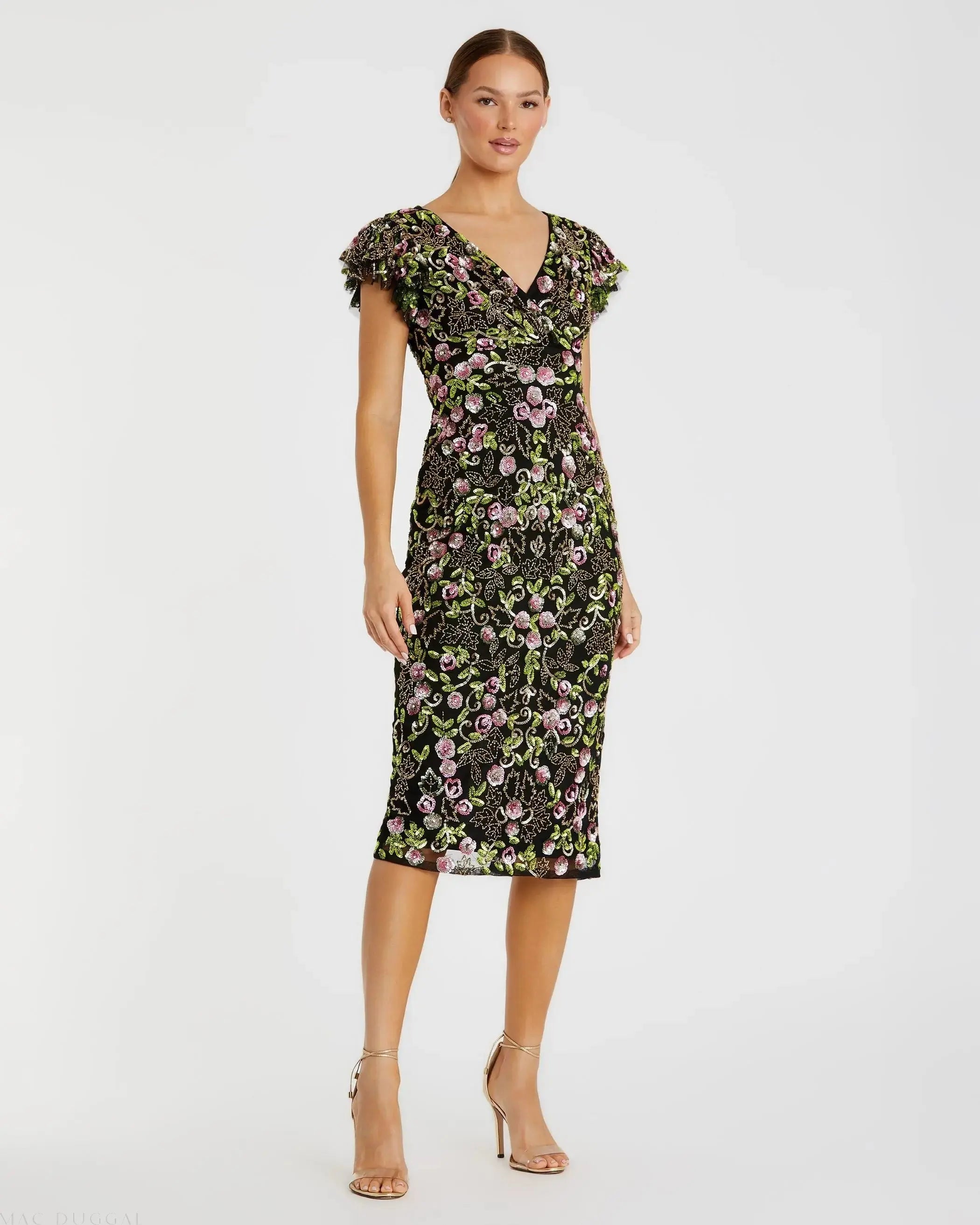 Black Floral Embellished Flutter Cap Sleeve Dress - Mac Duggal