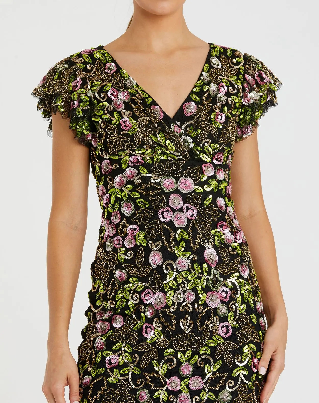 Black Floral Embellished Flutter Cap Sleeve Dress - Mac Duggal