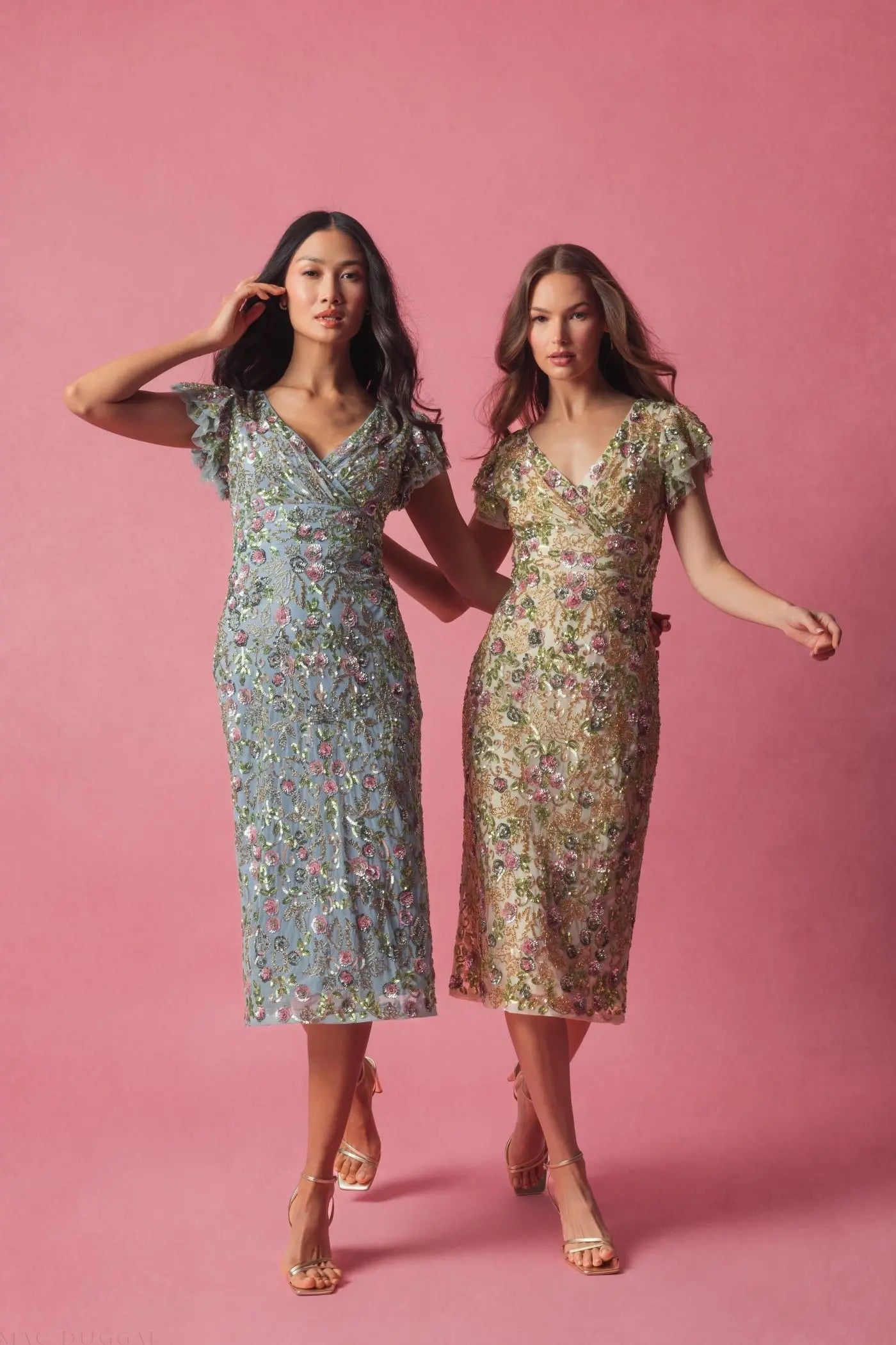 Beige Floral Embellished Flutter Cap Sleeve Dress - Mac Duggal