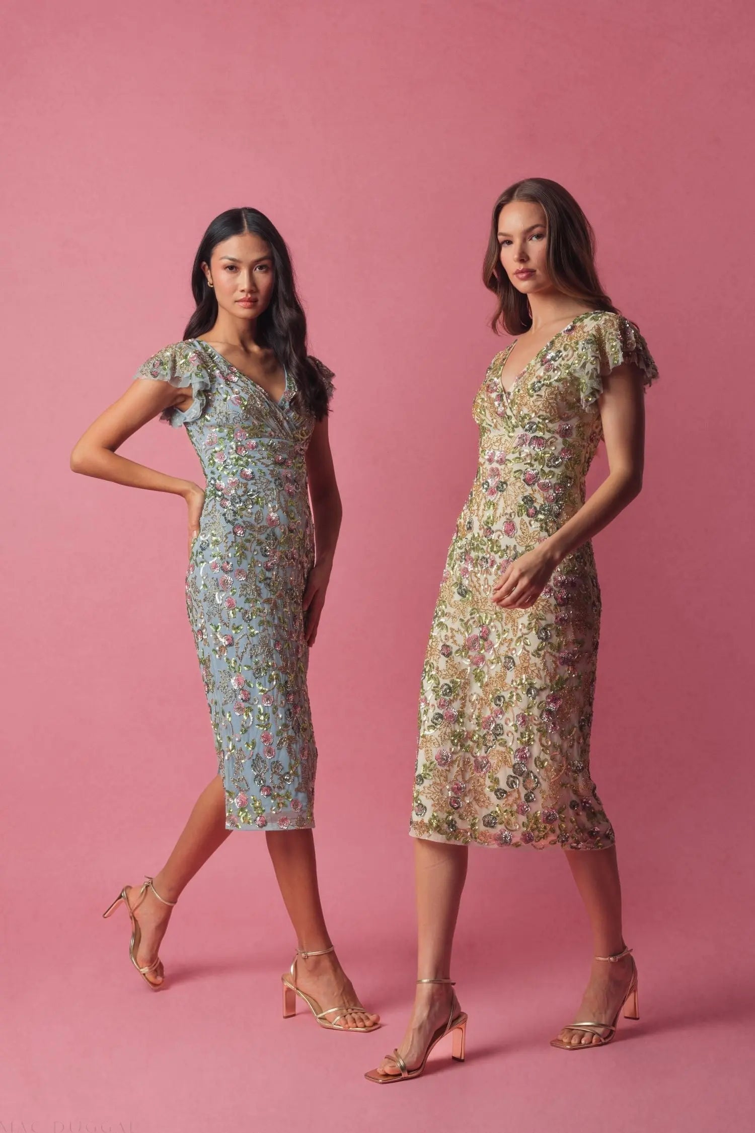 Blue Floral Sequin Embellished Flutter Cap Sleeve Cocktail Dress